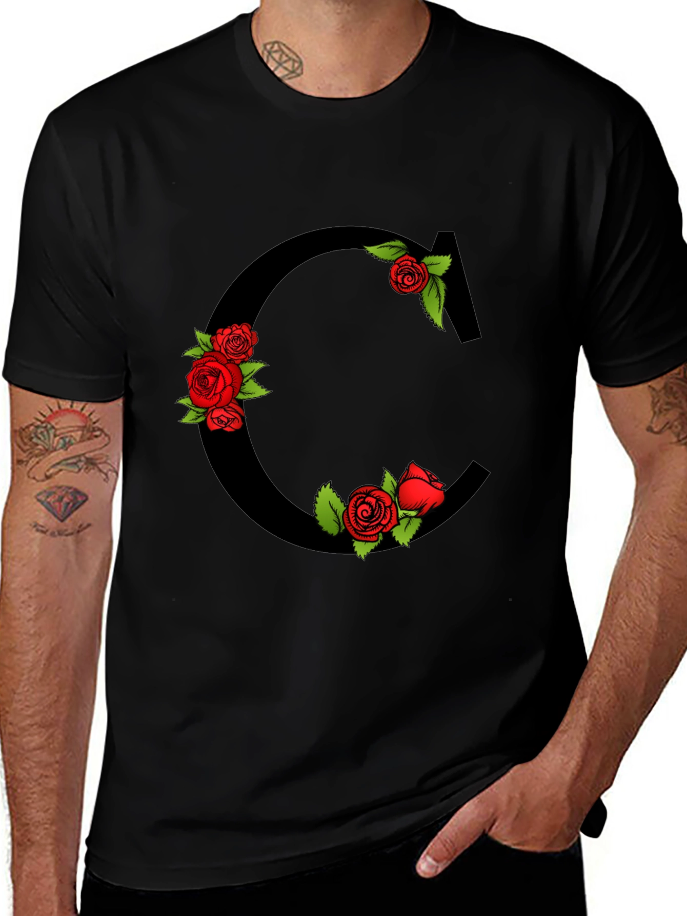 Floral Letter C Black T-Shirt