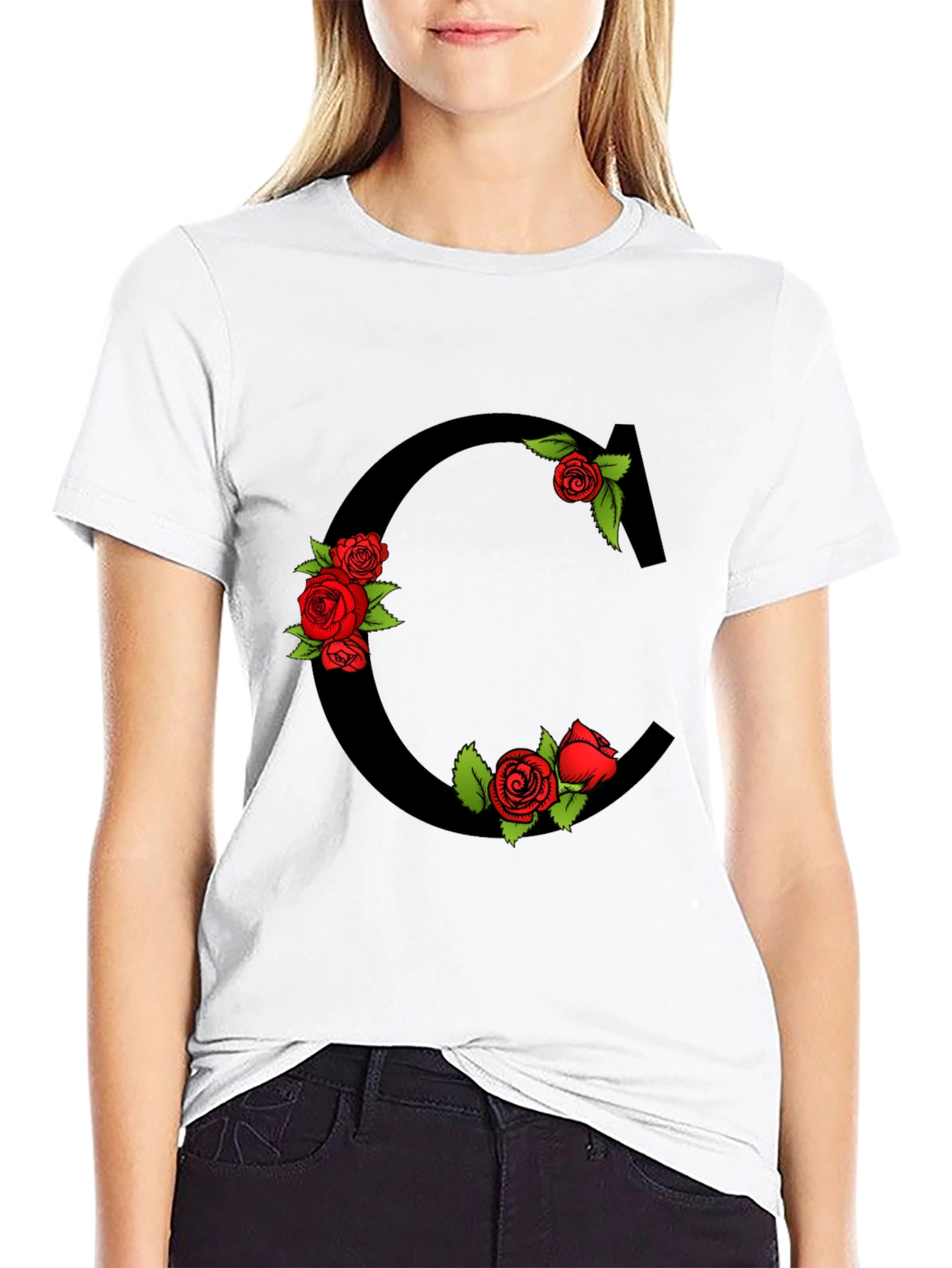 Floral Letter C Black T-Shirt