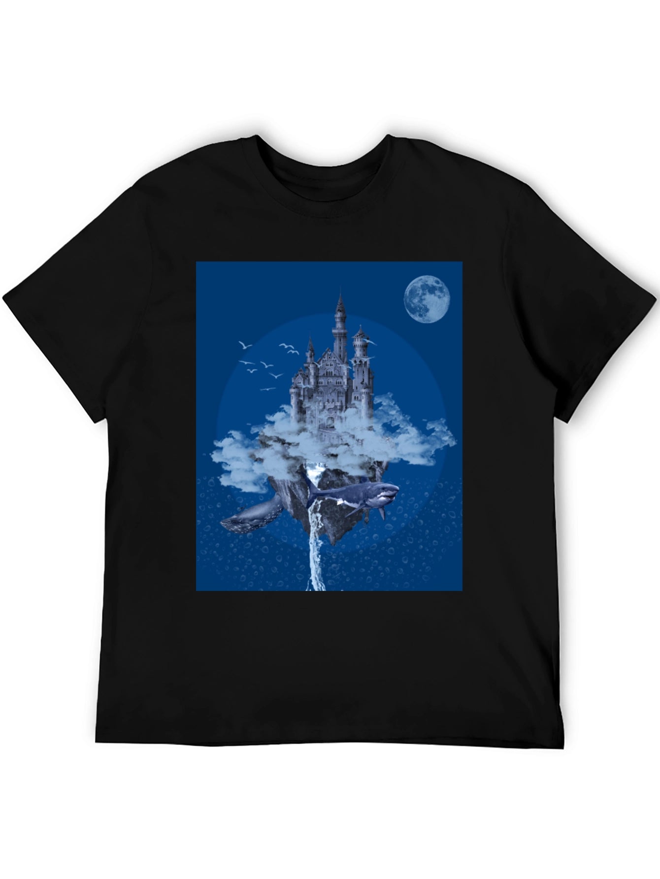 Fantasy Castle Whale Graphic Black T-Shirt