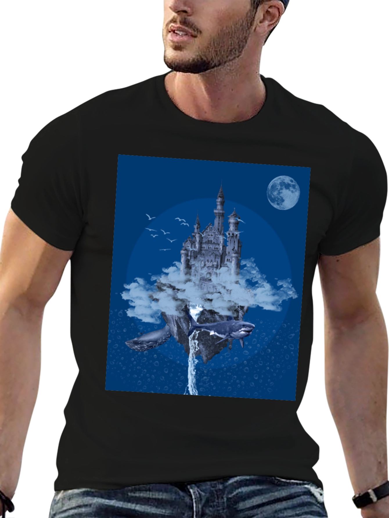 Fantasy Castle Whale Graphic Black T-Shirt