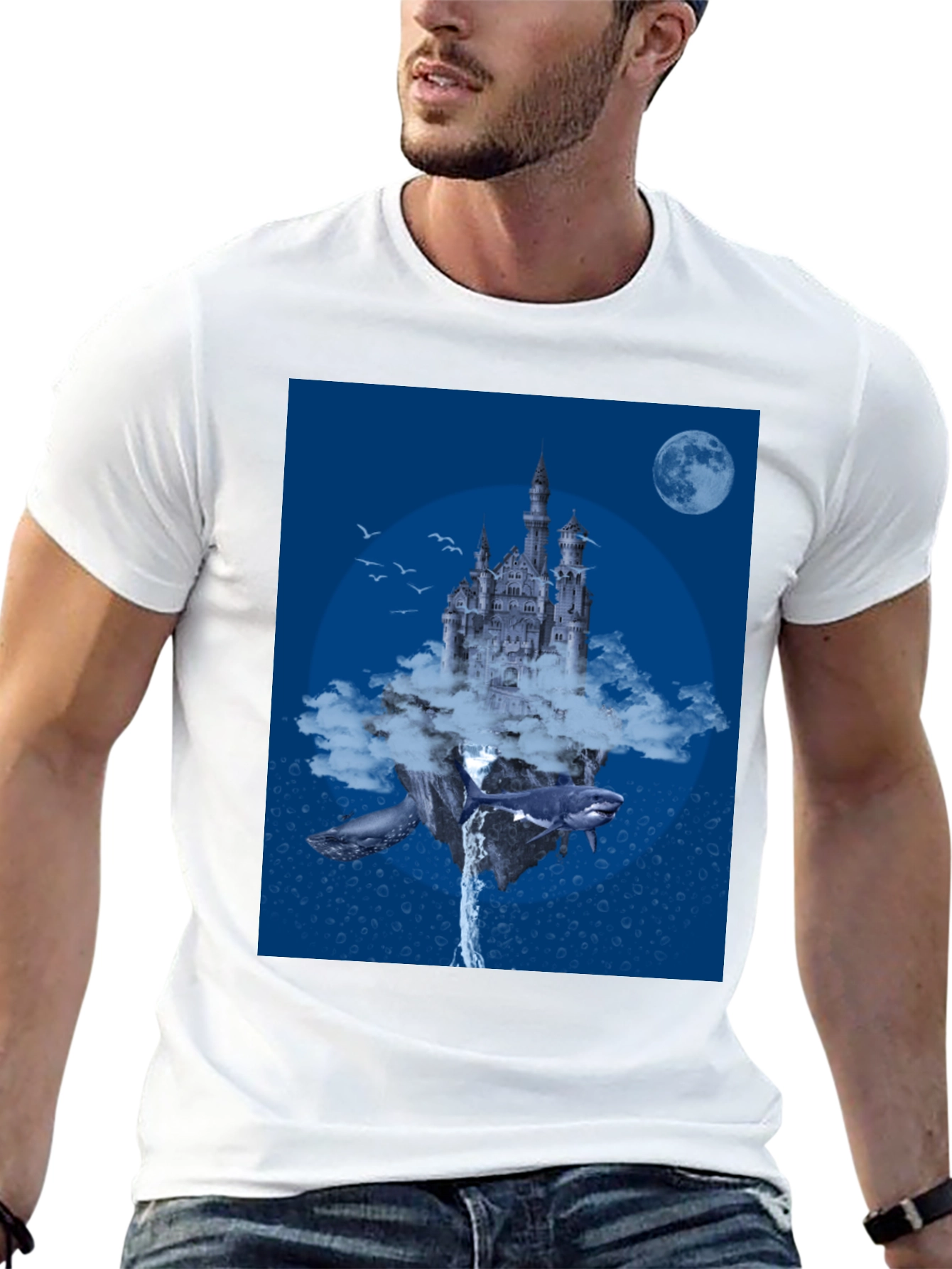 Fantasy Castle Whale Graphic Black T-Shirt