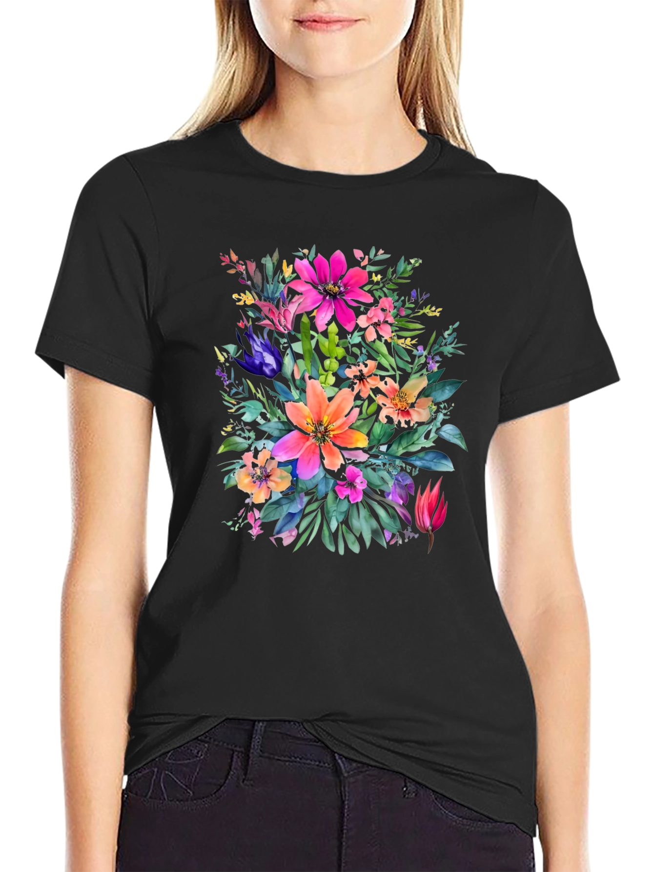Floral Bouquet Graphic Print Black T-Shirt