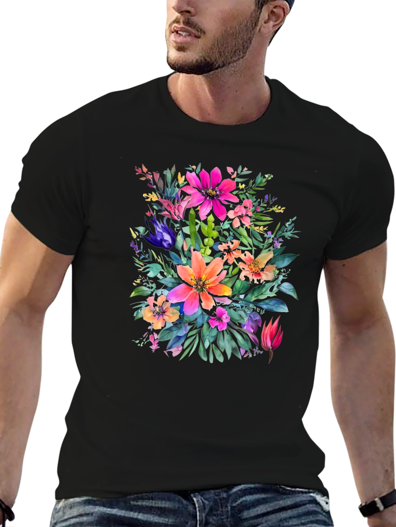 Floral Bouquet Graphic Print Black T-Shirt