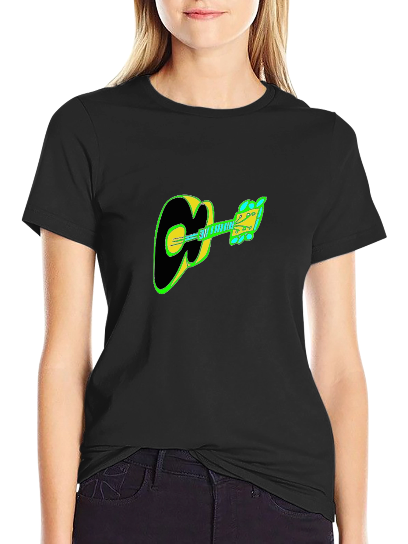 Guitar Graphic Tee - Black Cotton Casual T-Shirt