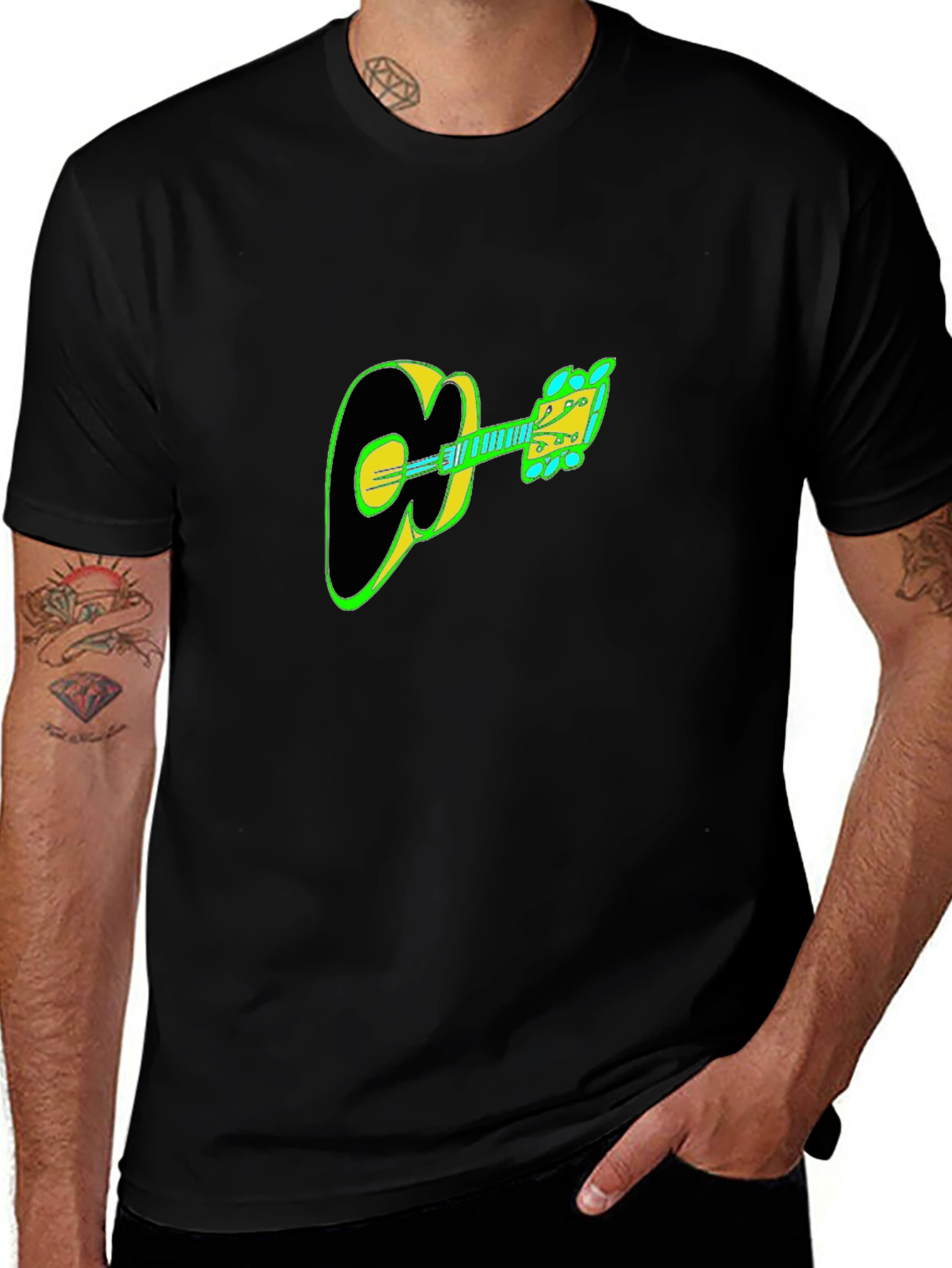 Guitar Graphic Tee - Black Cotton Casual T-Shirt