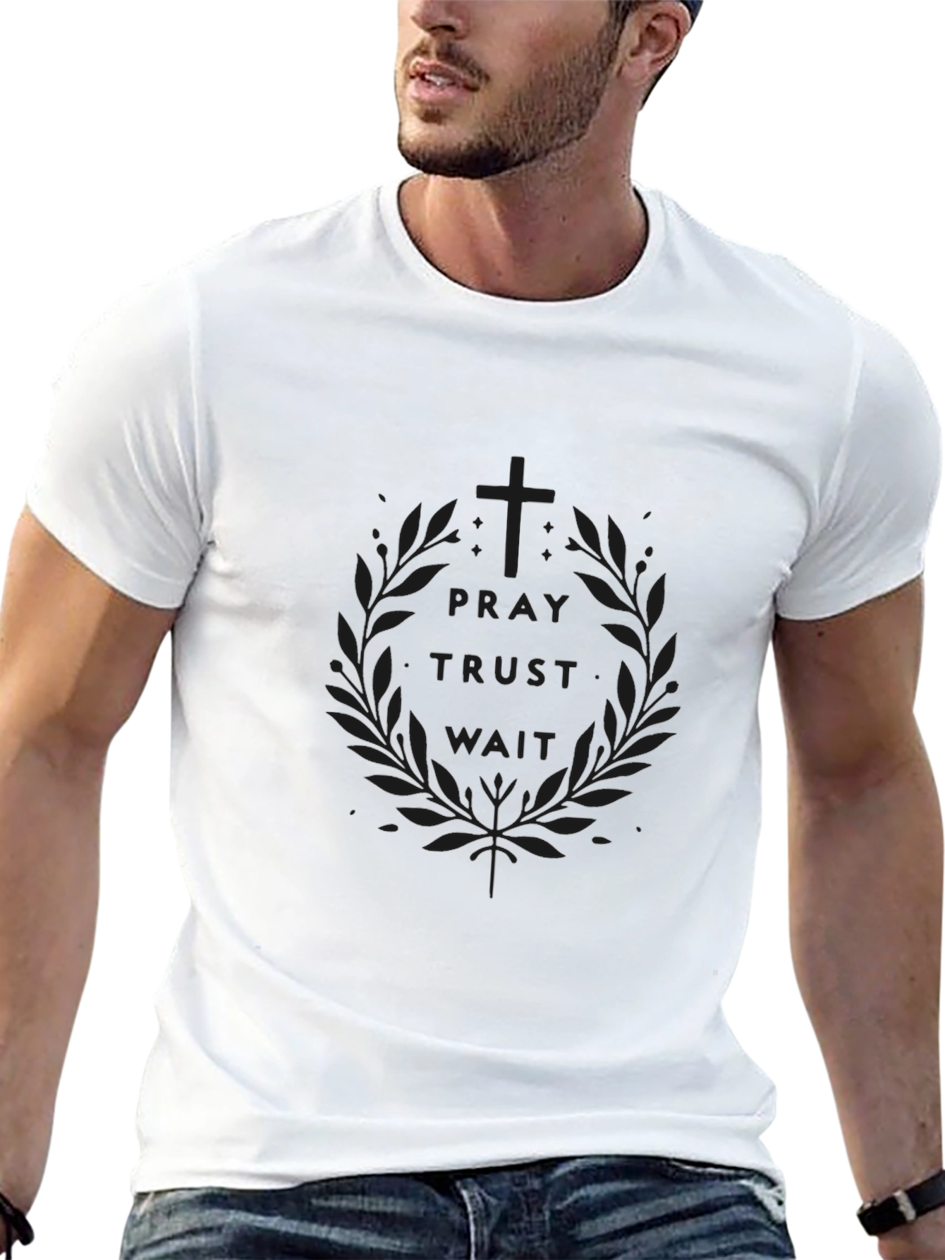 Pray Trust Wait Mens Black T-Shirt