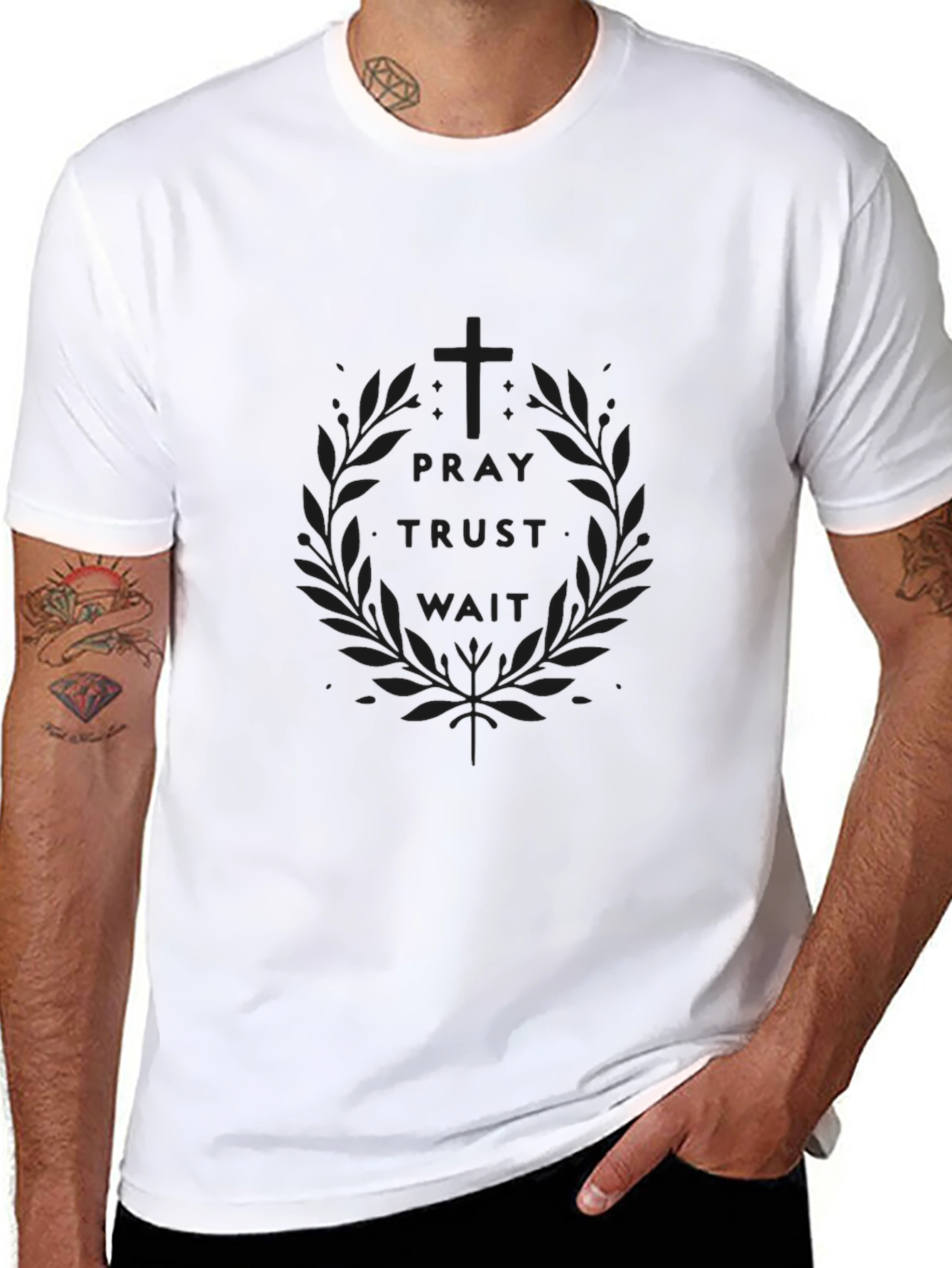 Pray Trust Wait Mens Black T-Shirt