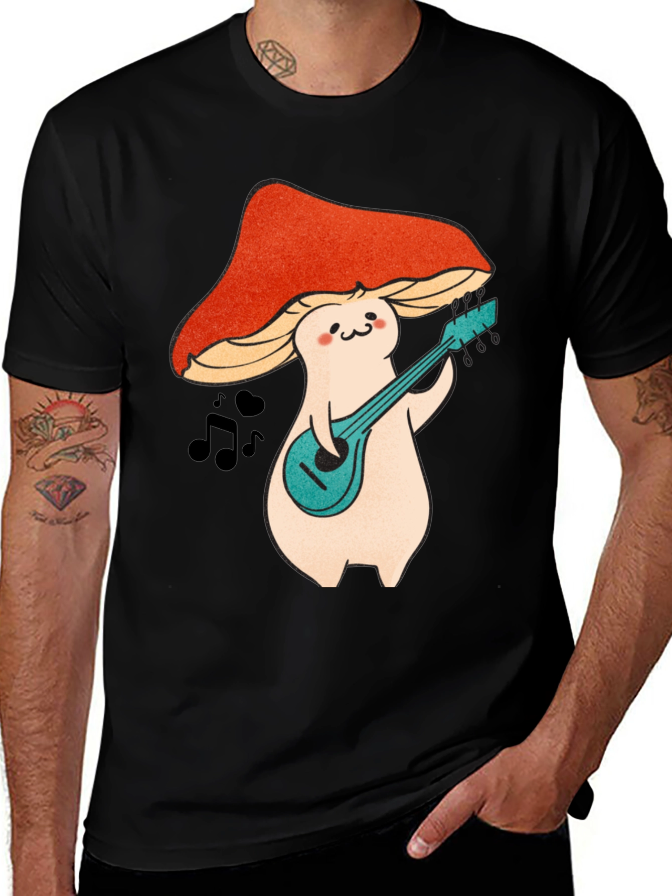 Mushroom Musician Graphic T-Shirt - Black Cotton Tee