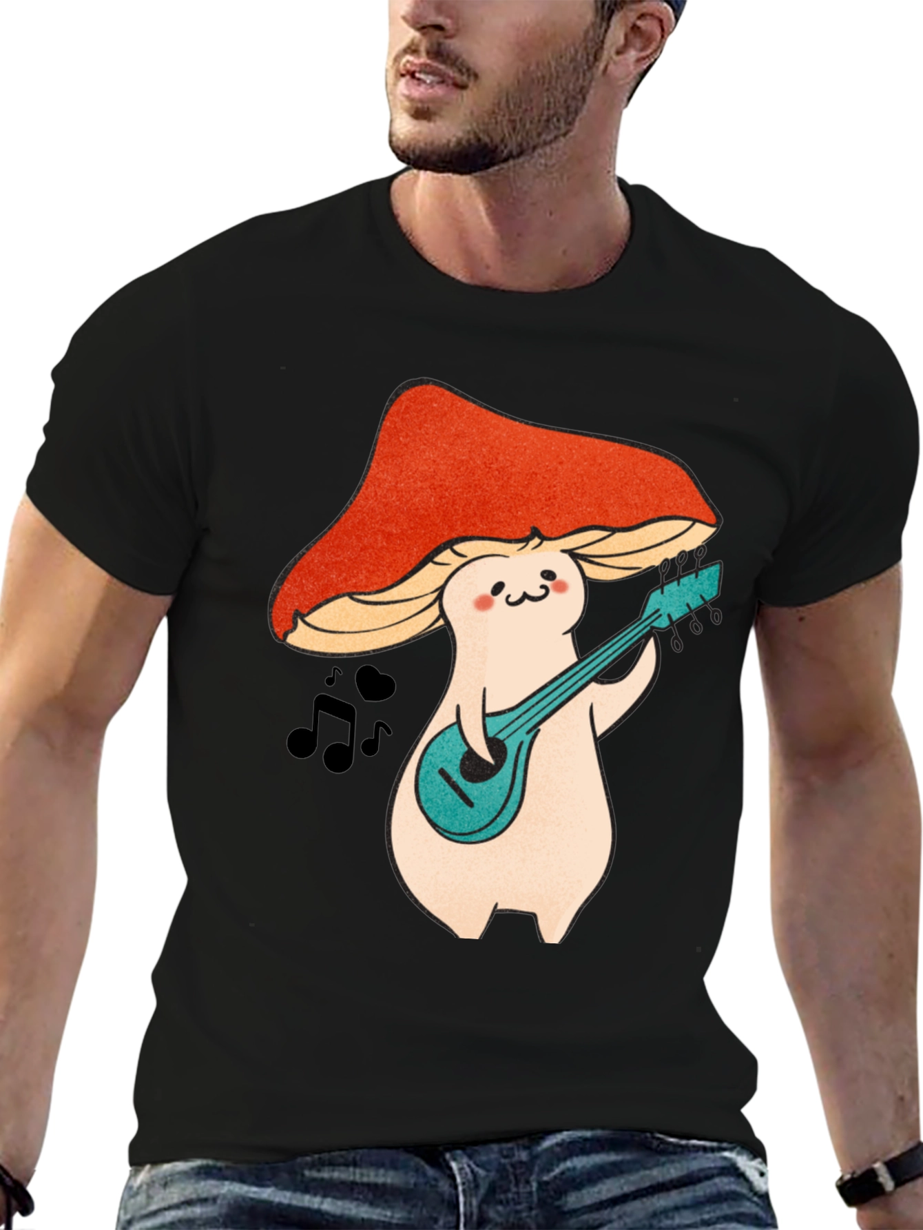 Mushroom Musician Graphic T-Shirt - Black Cotton Tee
