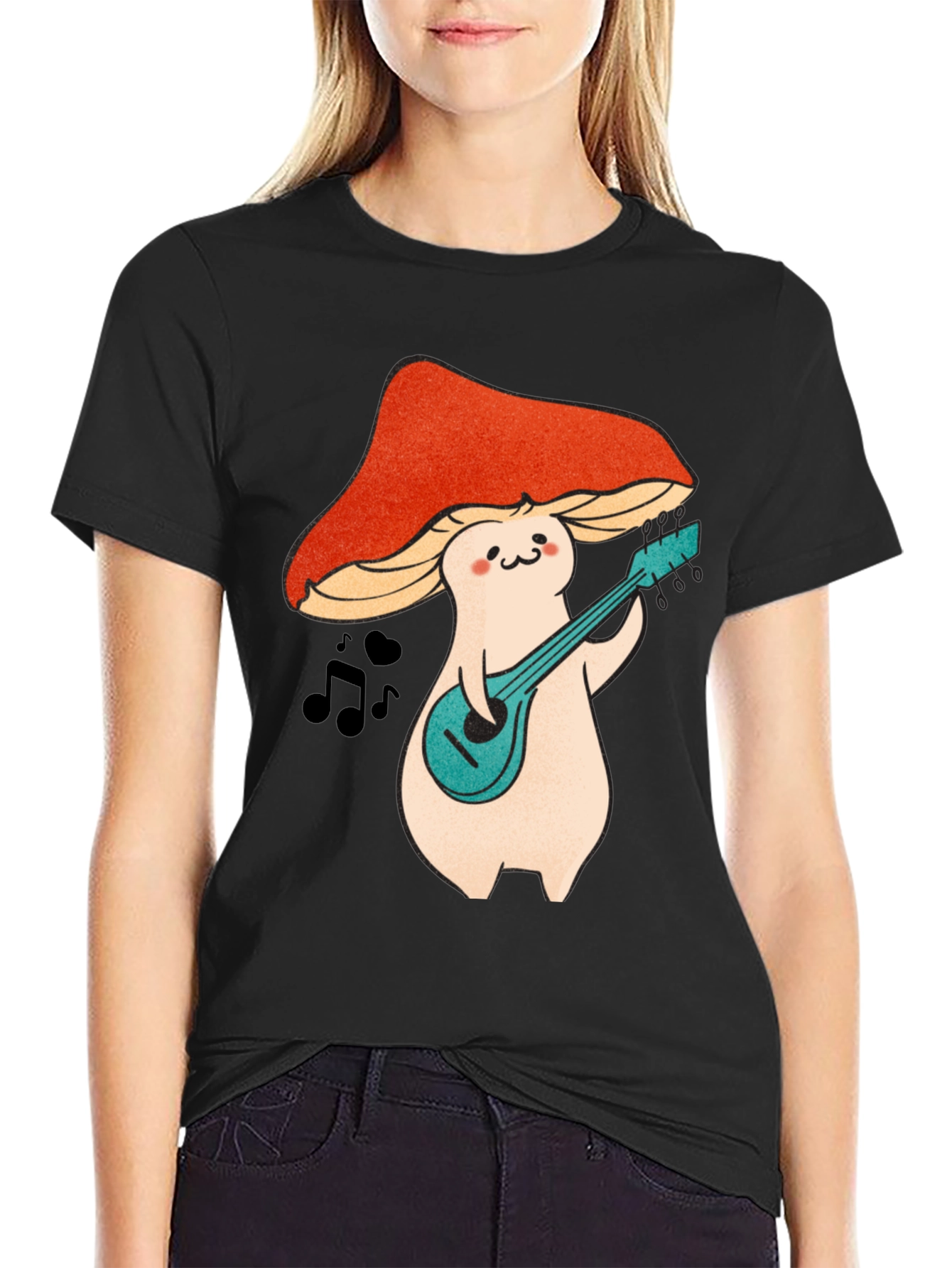 Mushroom Musician Graphic T-Shirt - Black Cotton Tee