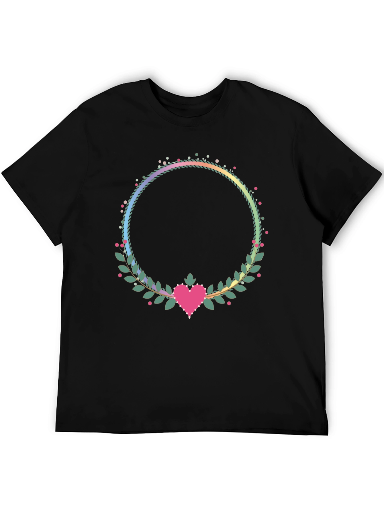 Floral Heart Wreath Graphic Black T-Shirt