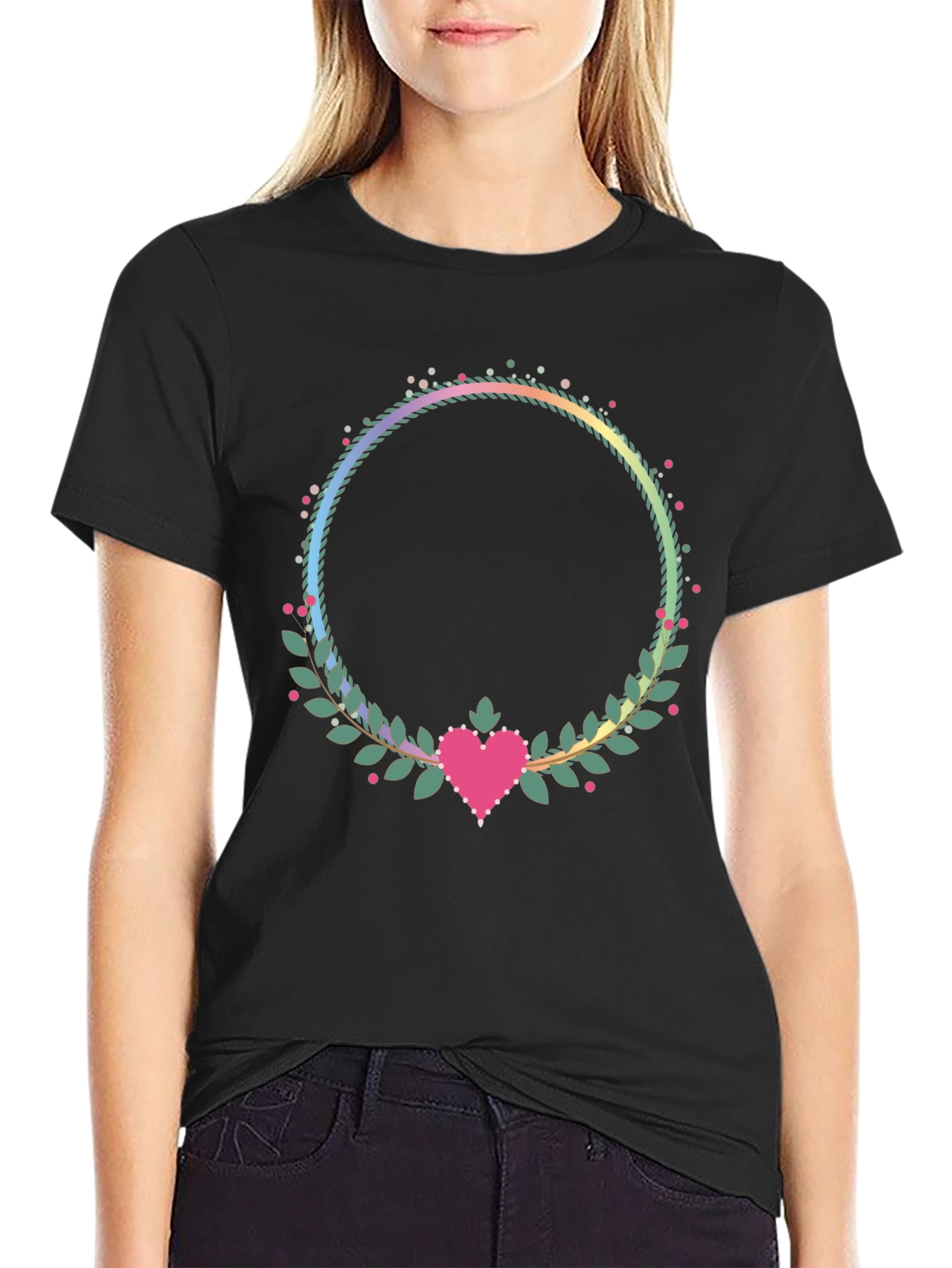 Floral Heart Wreath Graphic Black T-Shirt
