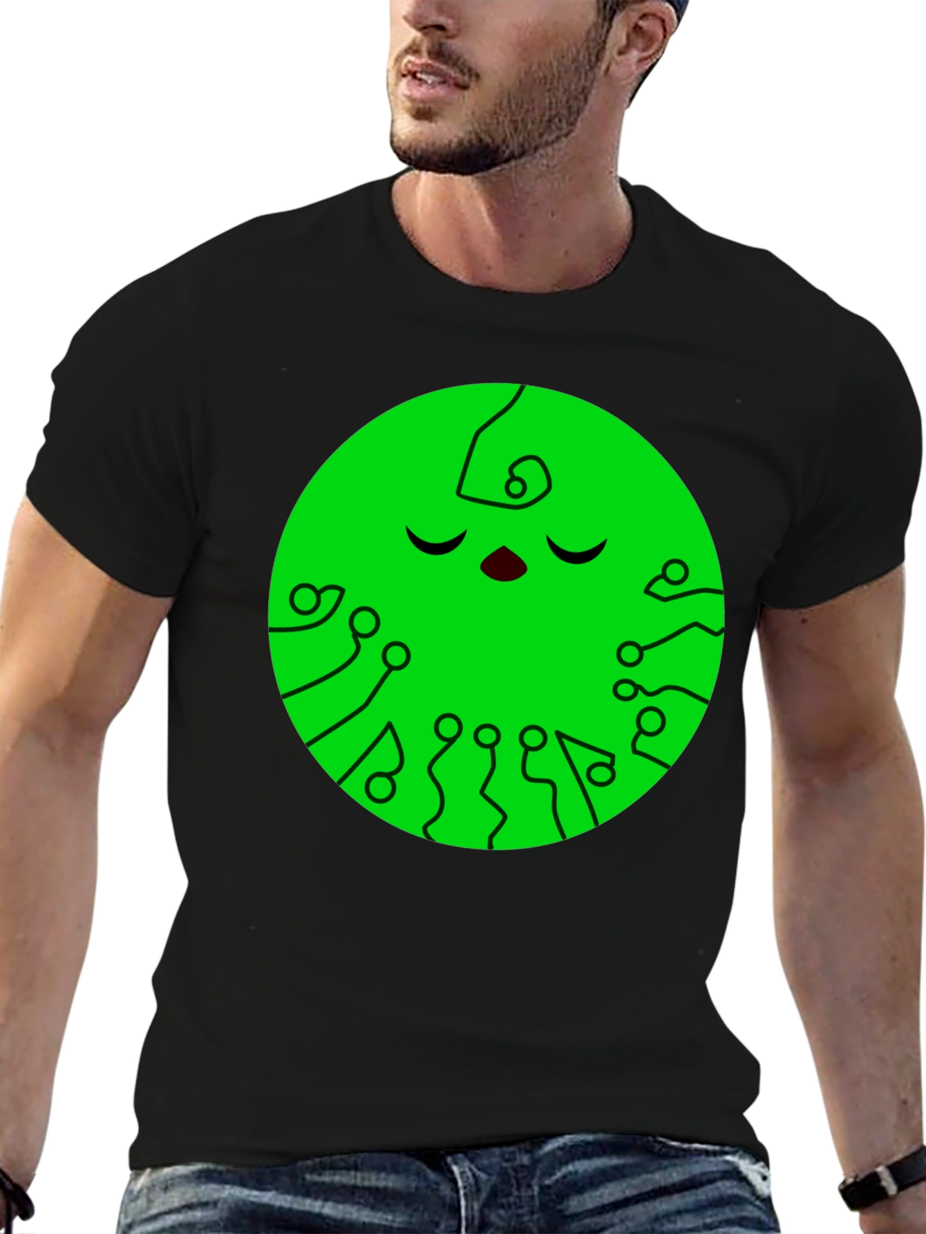 Green Circuit Face Black T-Shirt