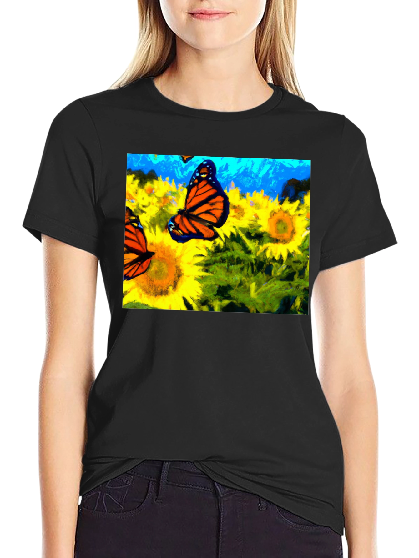 Butterfly & Sunflower Graphic Tee - Black