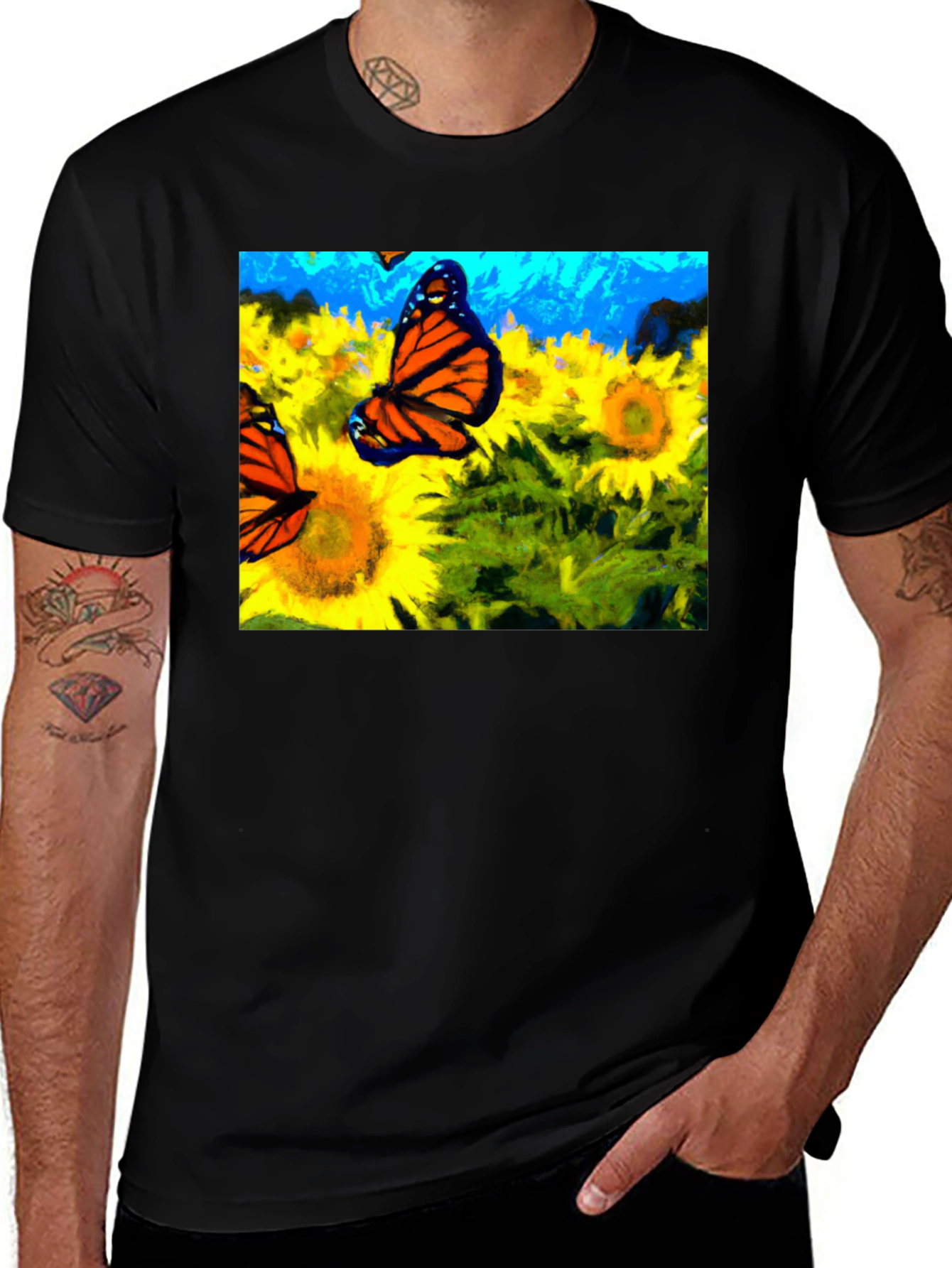 Butterfly & Sunflower Graphic Tee - Black