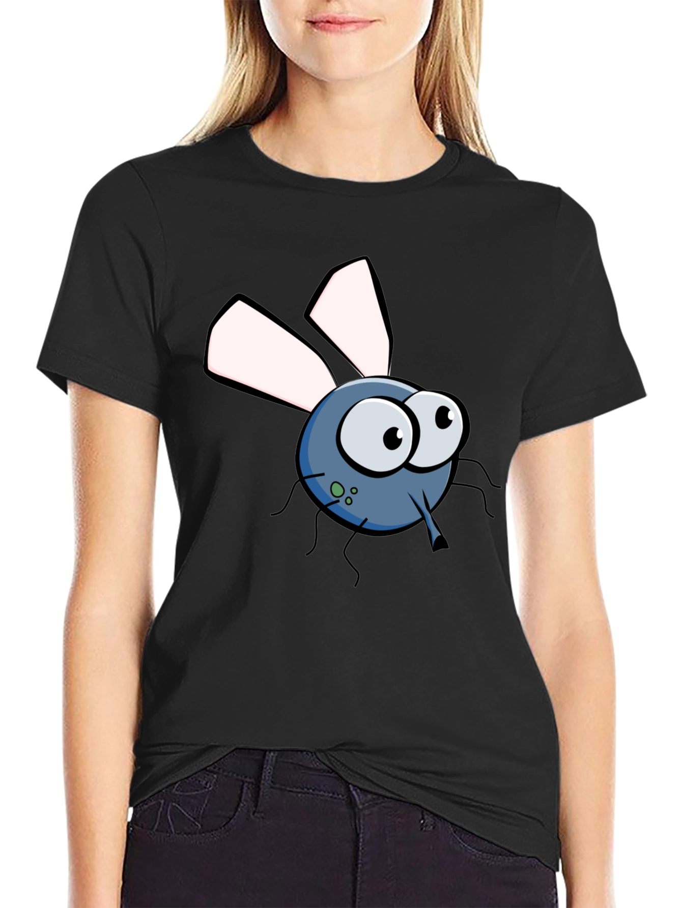 Cartoon Fly Graphic Tee - Black Cotton T-Shirt