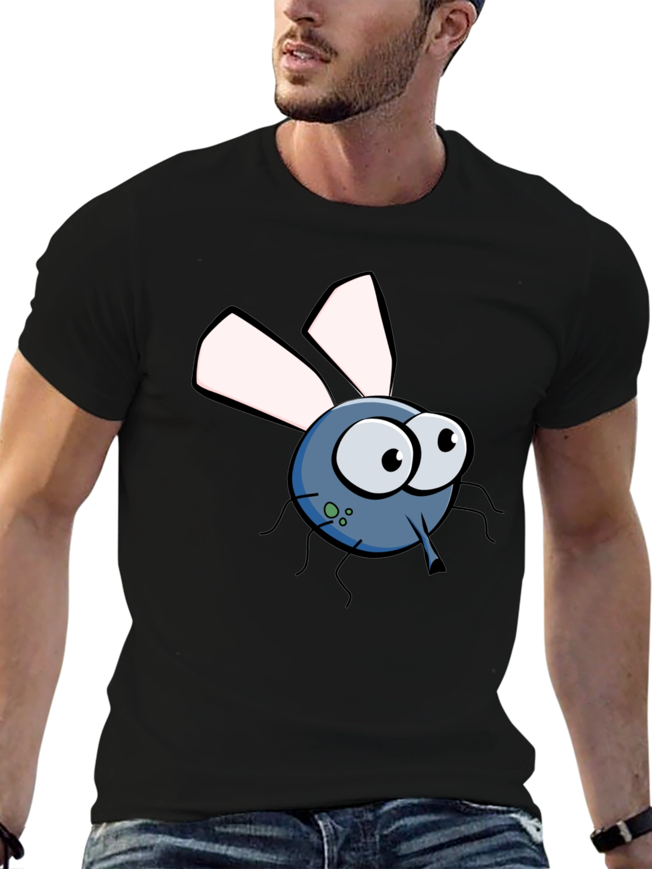 Cartoon Fly Graphic Tee - Black Cotton T-Shirt