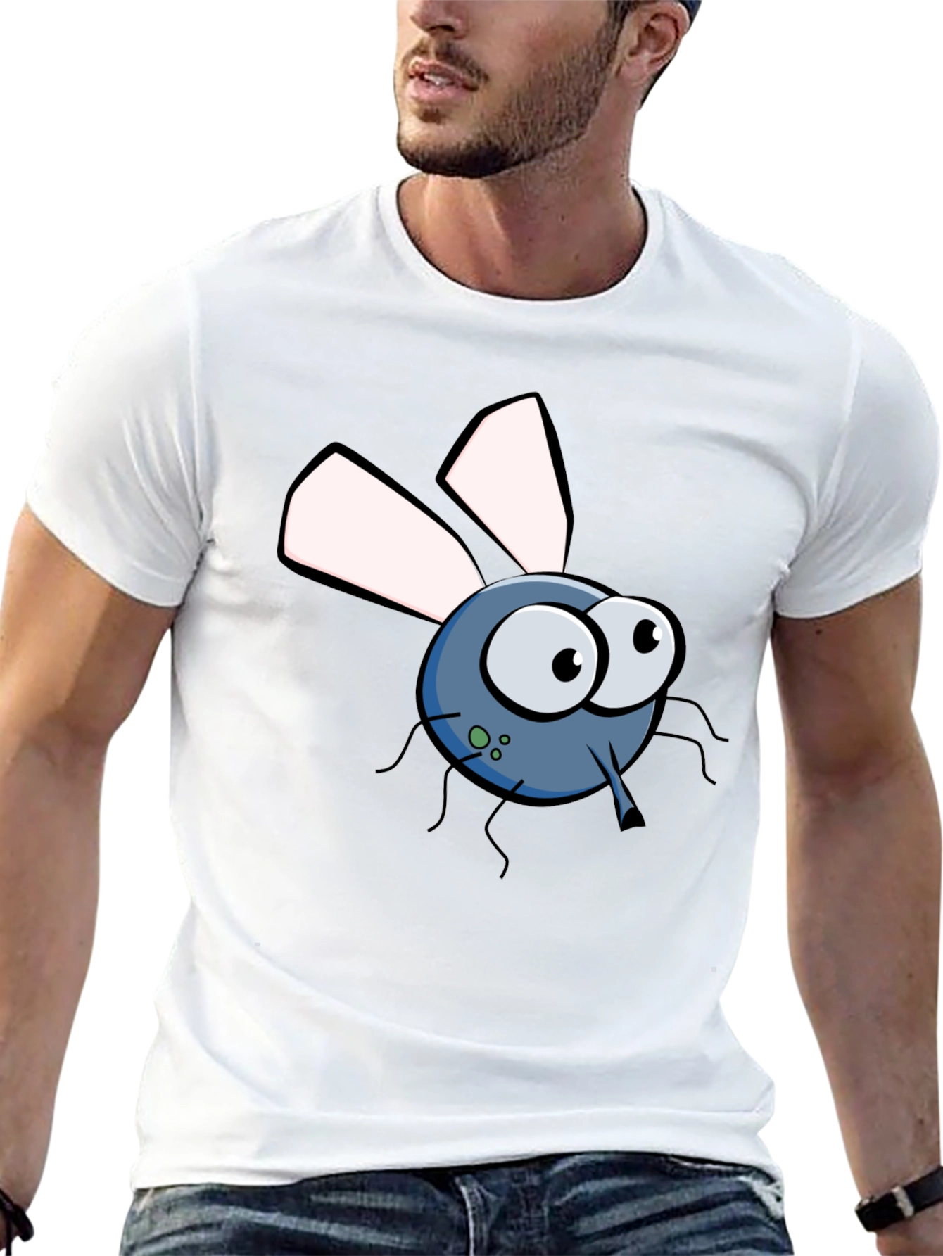 Cartoon Fly Graphic Tee - Black Cotton T-Shirt