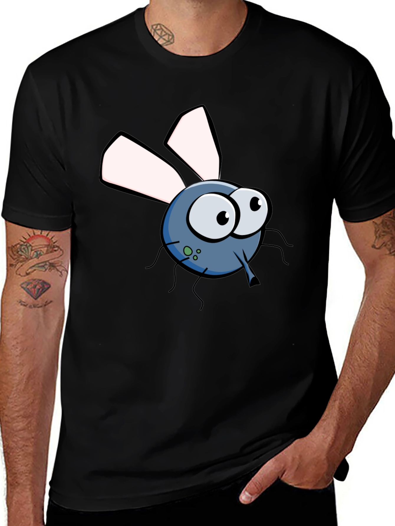 Cartoon Fly Graphic Tee - Black Cotton T-Shirt