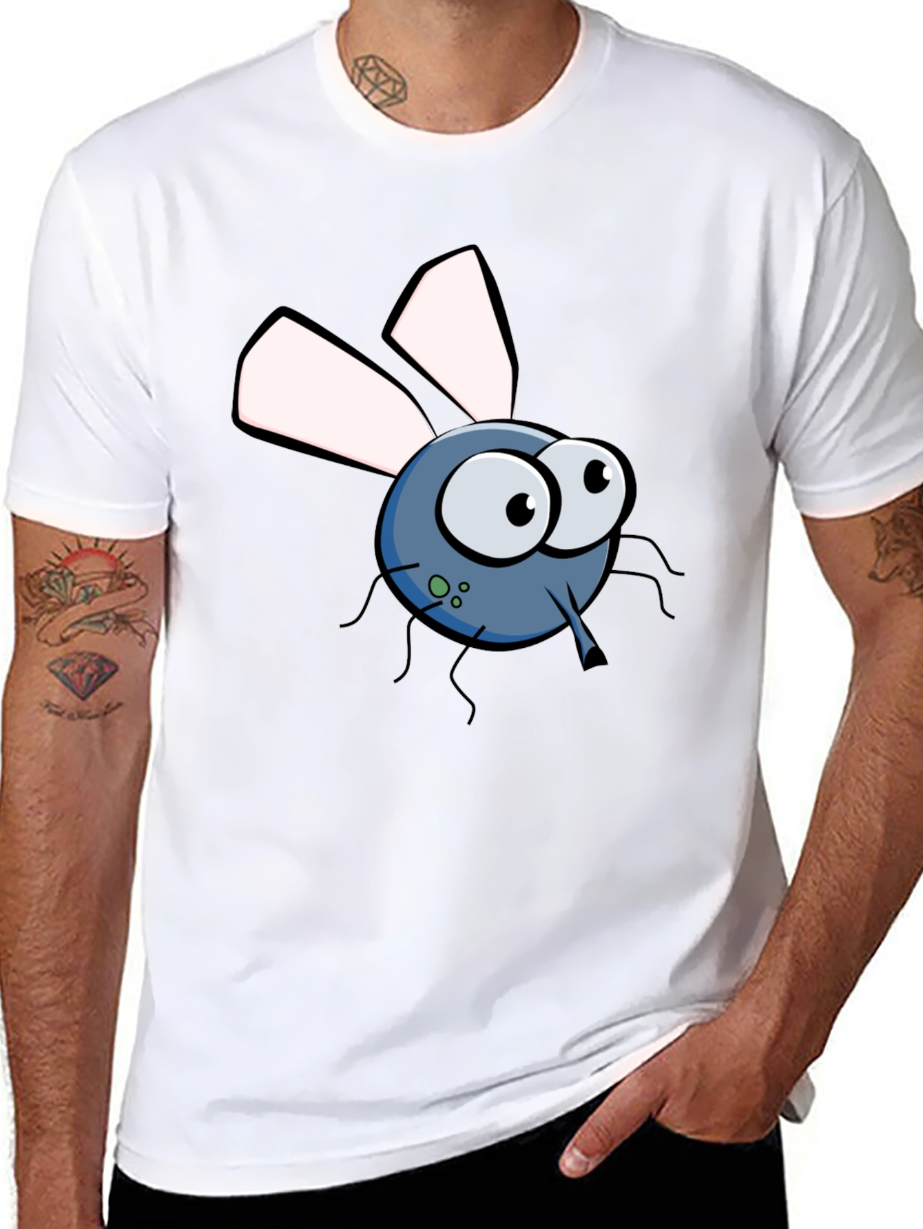 Cartoon Fly Graphic Tee - Black Cotton T-Shirt