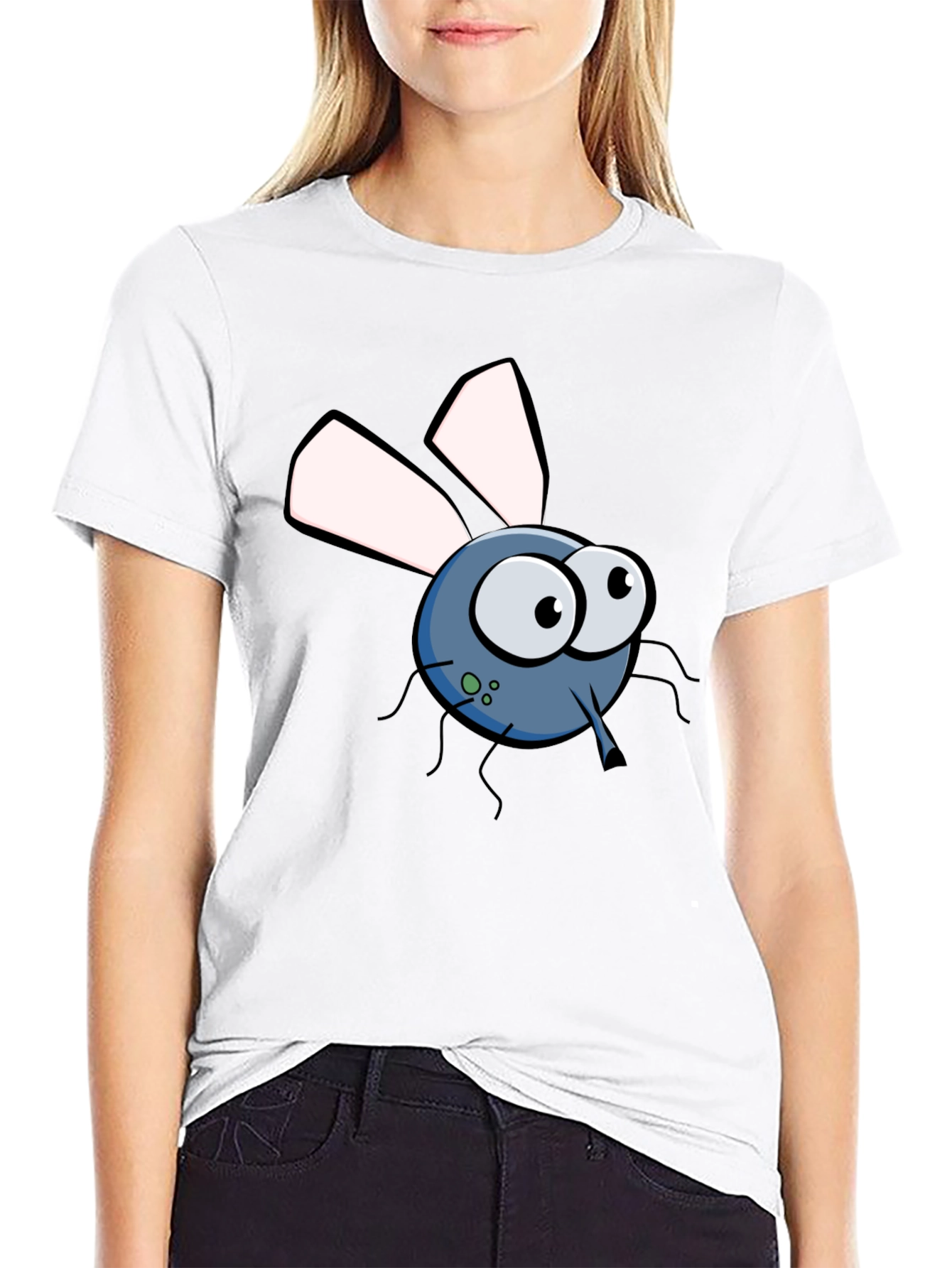 Cartoon Fly Graphic Tee - Black Cotton T-Shirt