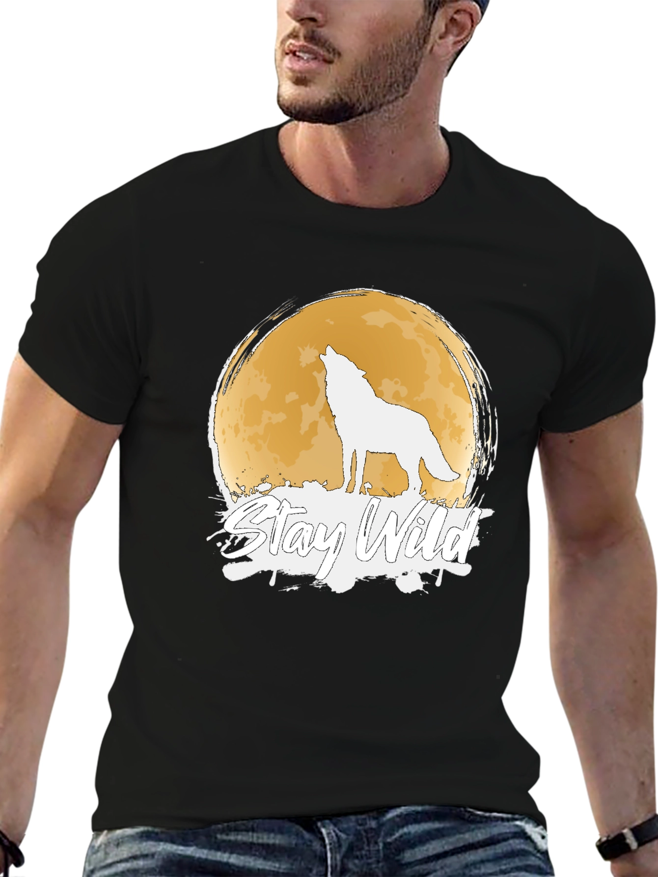 Stay Wild Wolf Moon Graphic Black T-Shirt