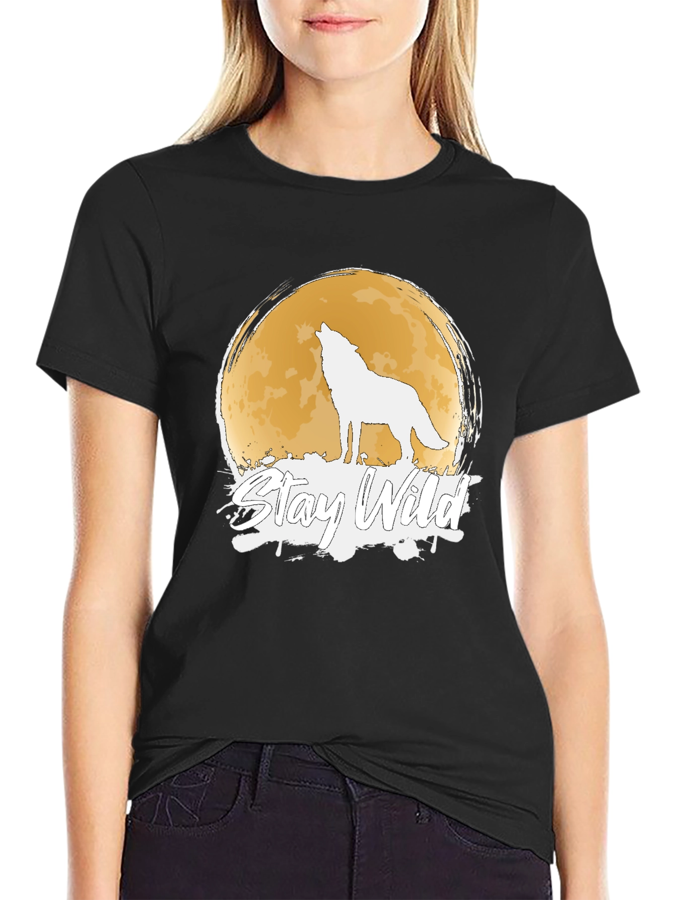 Stay Wild Wolf Moon Graphic Black T-Shirt