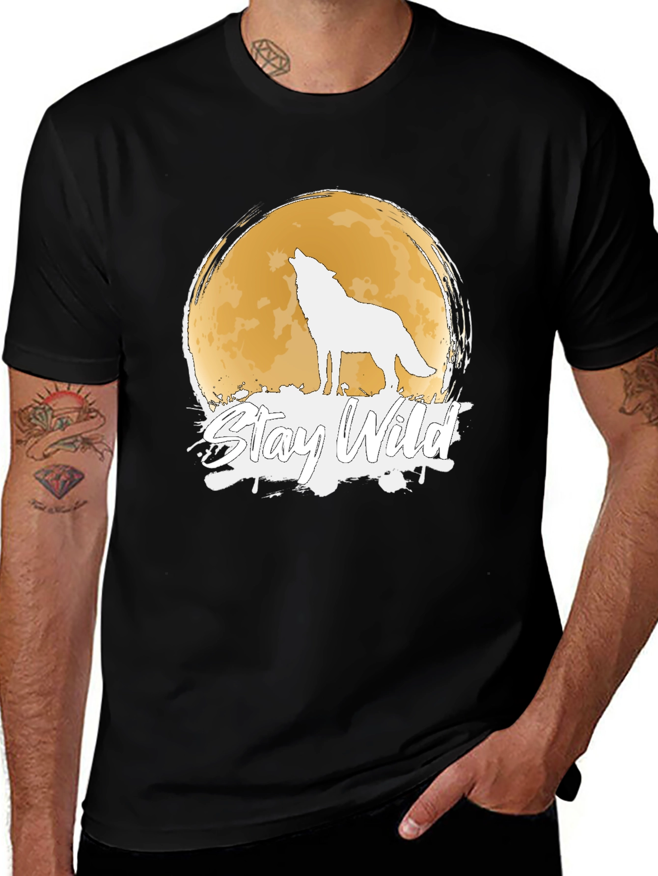 Stay Wild Wolf Moon Graphic Black T-Shirt