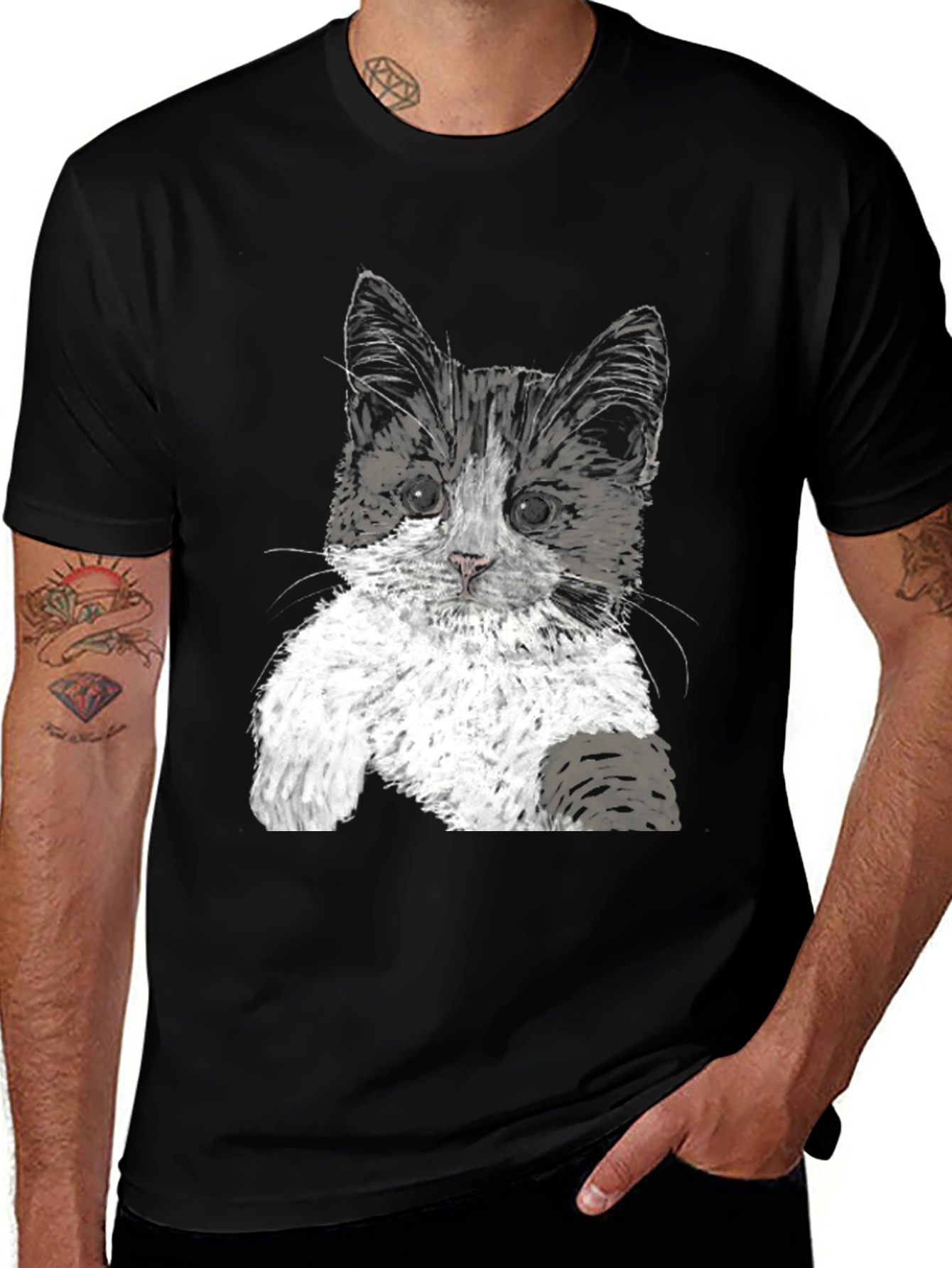 Cute Kitten Graphic Tee - Black Cotton T-Shirt
