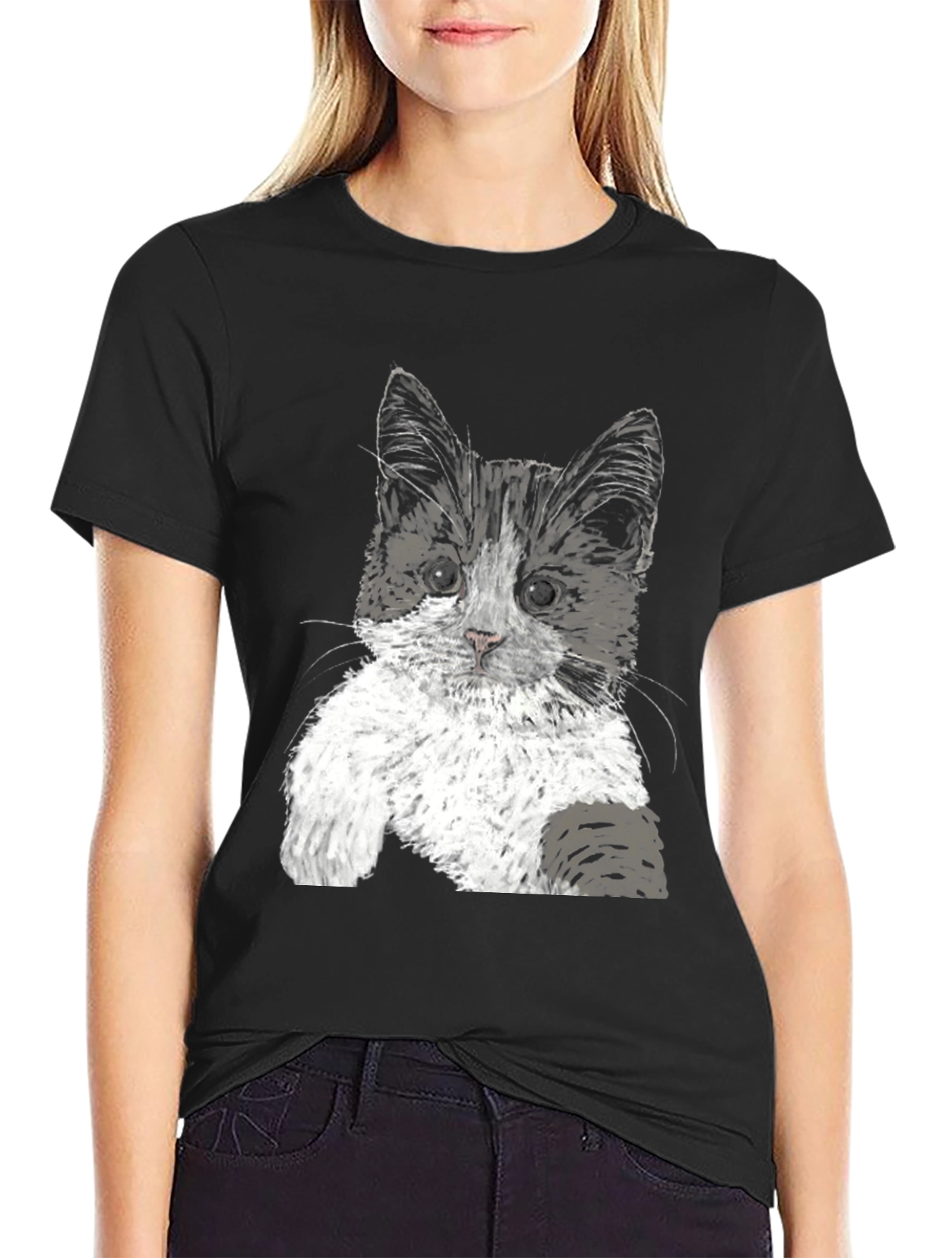 Cute Kitten Graphic Tee - Black Cotton T-Shirt