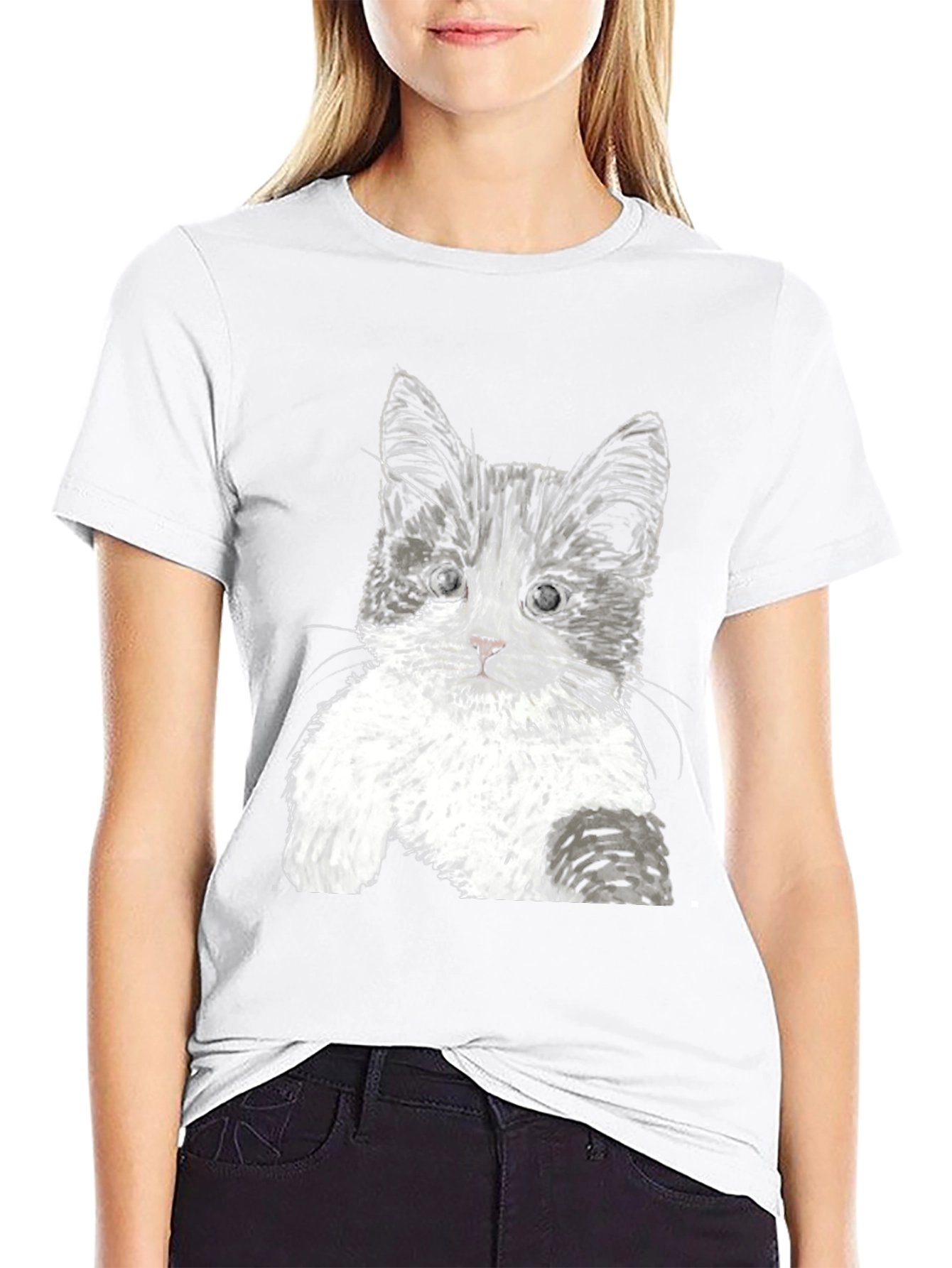 Cute Kitten Graphic Tee - Black Cotton T-Shirt