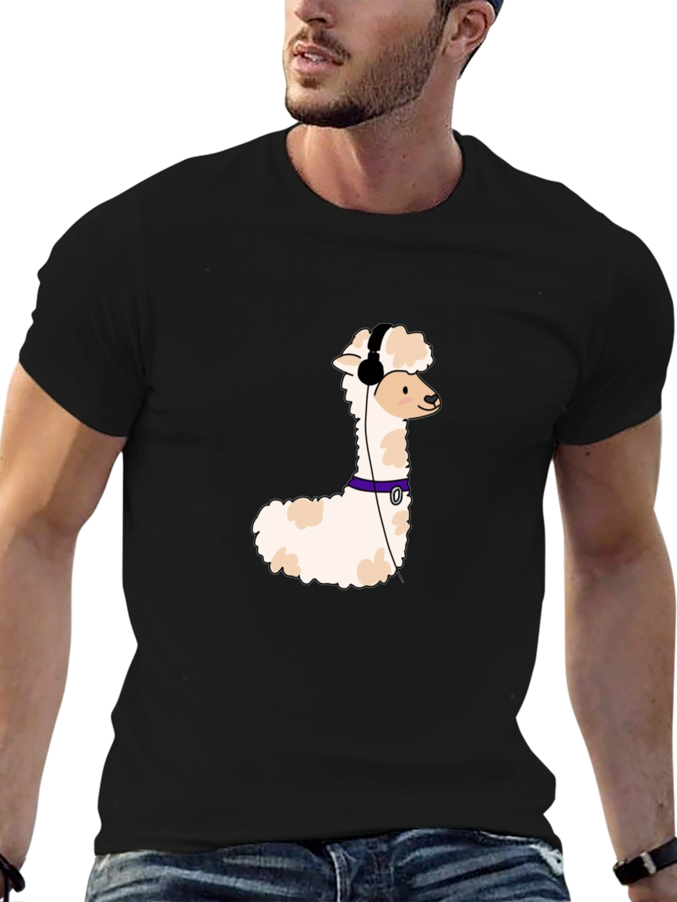Cool Alpaca T-Shirt with Headphones - Black Cotton Tee