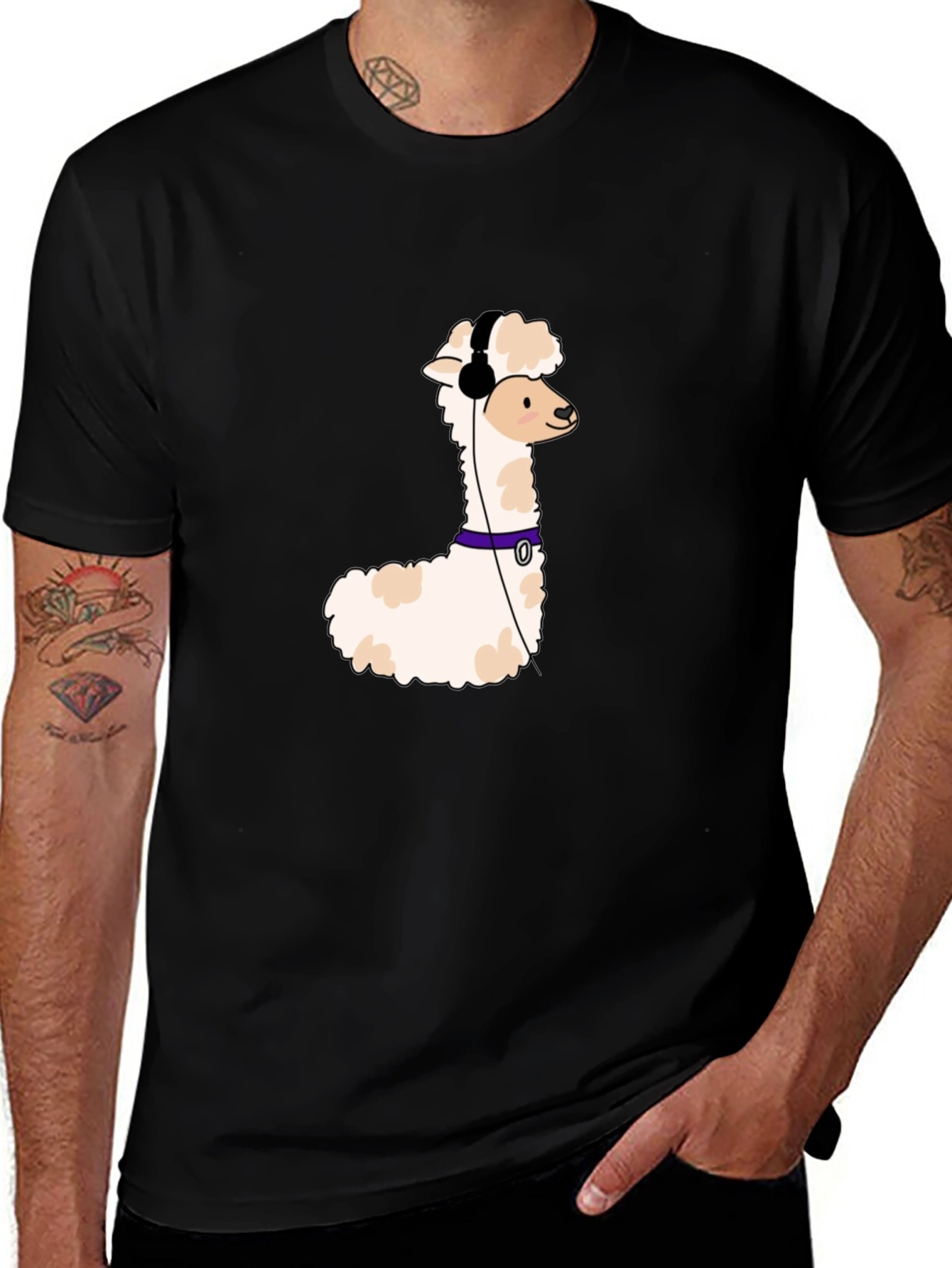 Cool Alpaca T-Shirt with Headphones - Black Cotton Tee