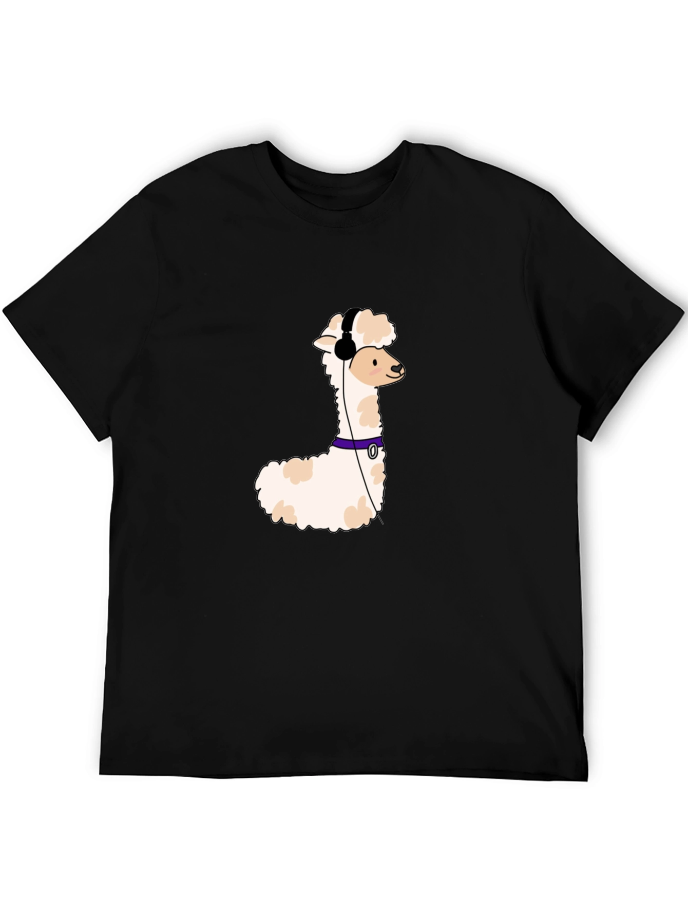 Cool Alpaca T-Shirt with Headphones - Black Cotton Tee