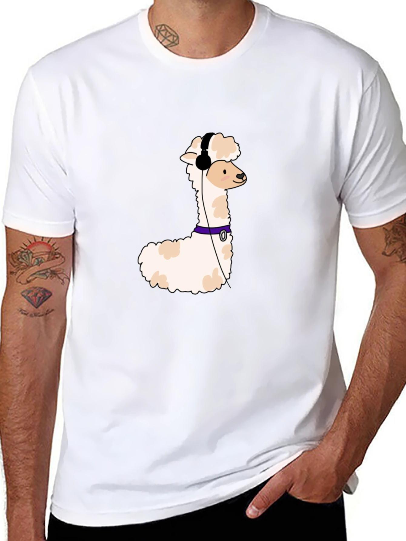 Cool Alpaca T-Shirt with Headphones - Black Cotton Tee