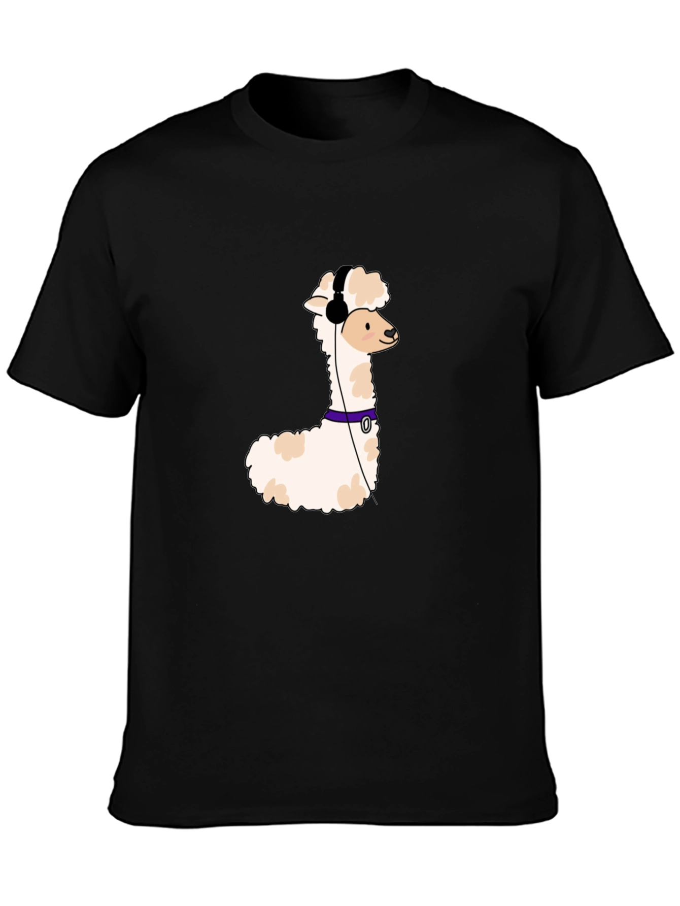 Cool Alpaca T-Shirt with Headphones - Black Cotton Tee