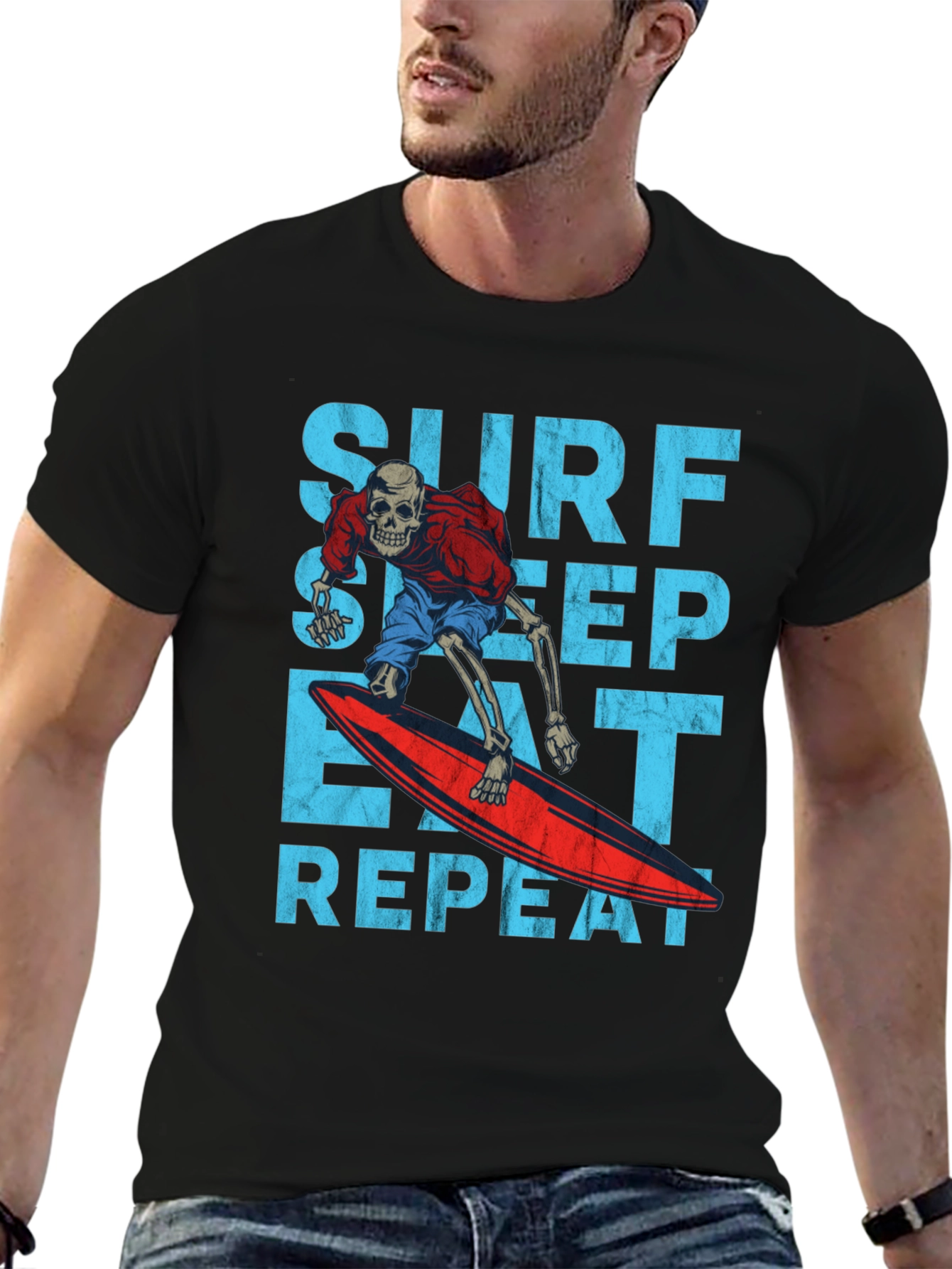 Surf Sleep Eat Repeat Skeleton Surfer Graphic Tee