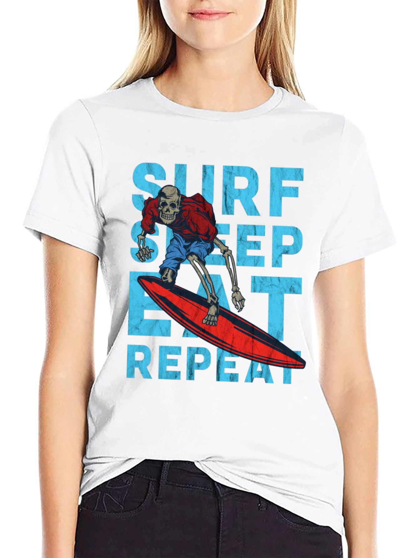 Surf Sleep Eat Repeat Skeleton Surfer Graphic Tee