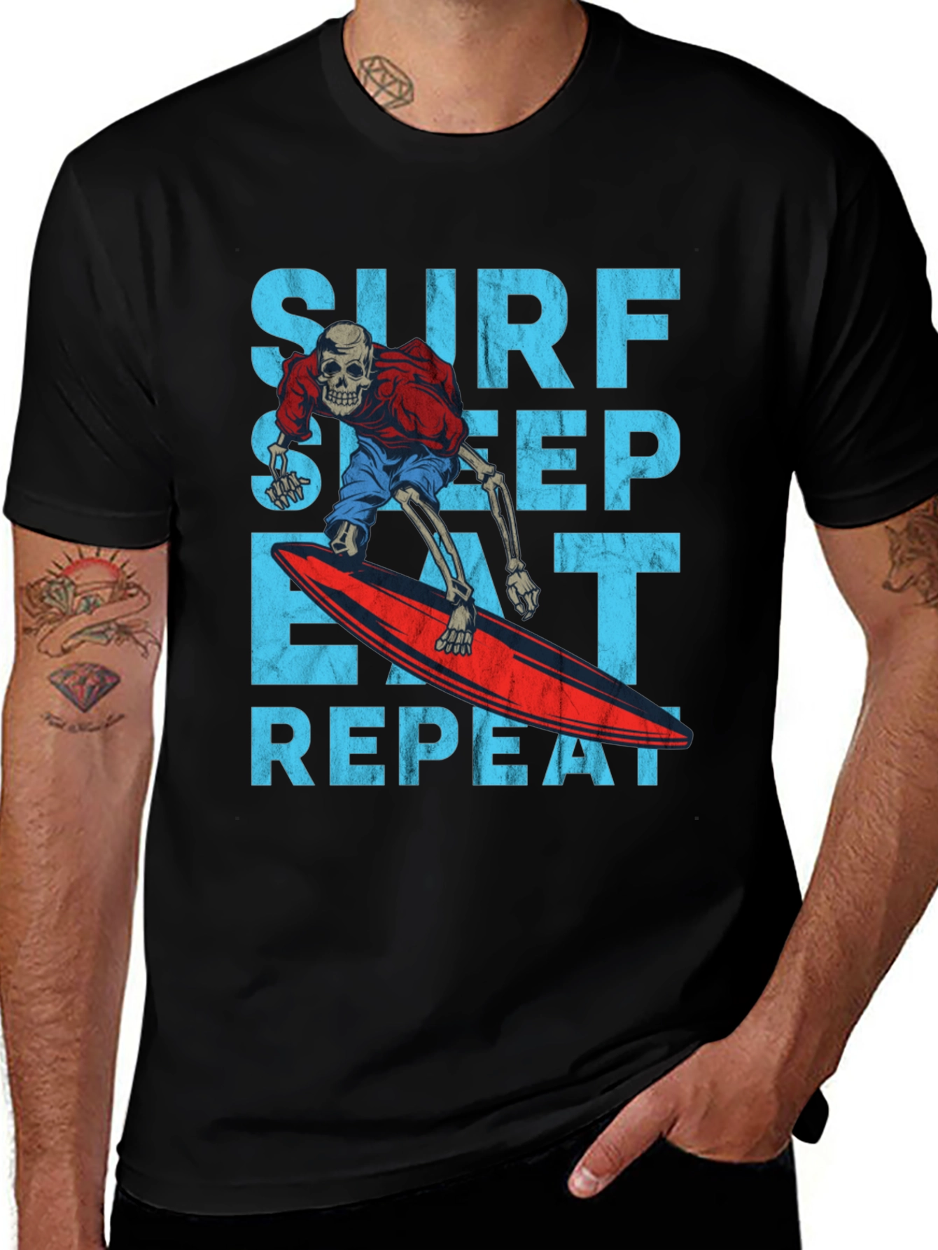 Surf Sleep Eat Repeat Skeleton Surfer Graphic Tee