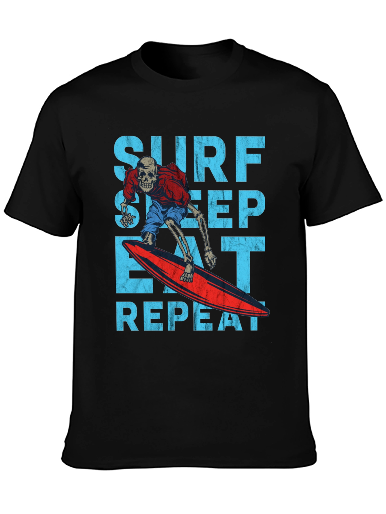 Surf Sleep Eat Repeat Skeleton Surfer Graphic Tee
