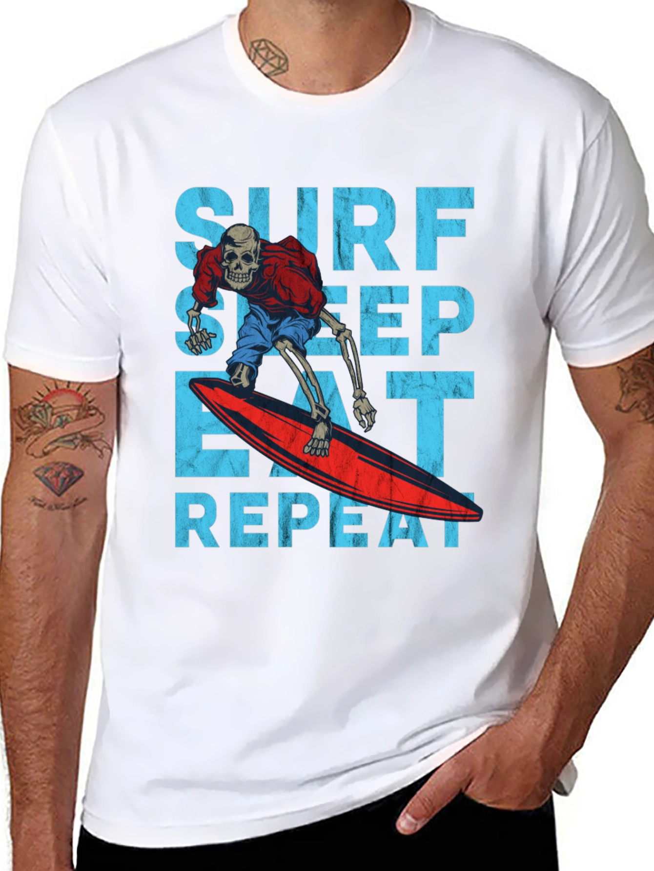 Surf Sleep Eat Repeat Skeleton Surfer Graphic Tee