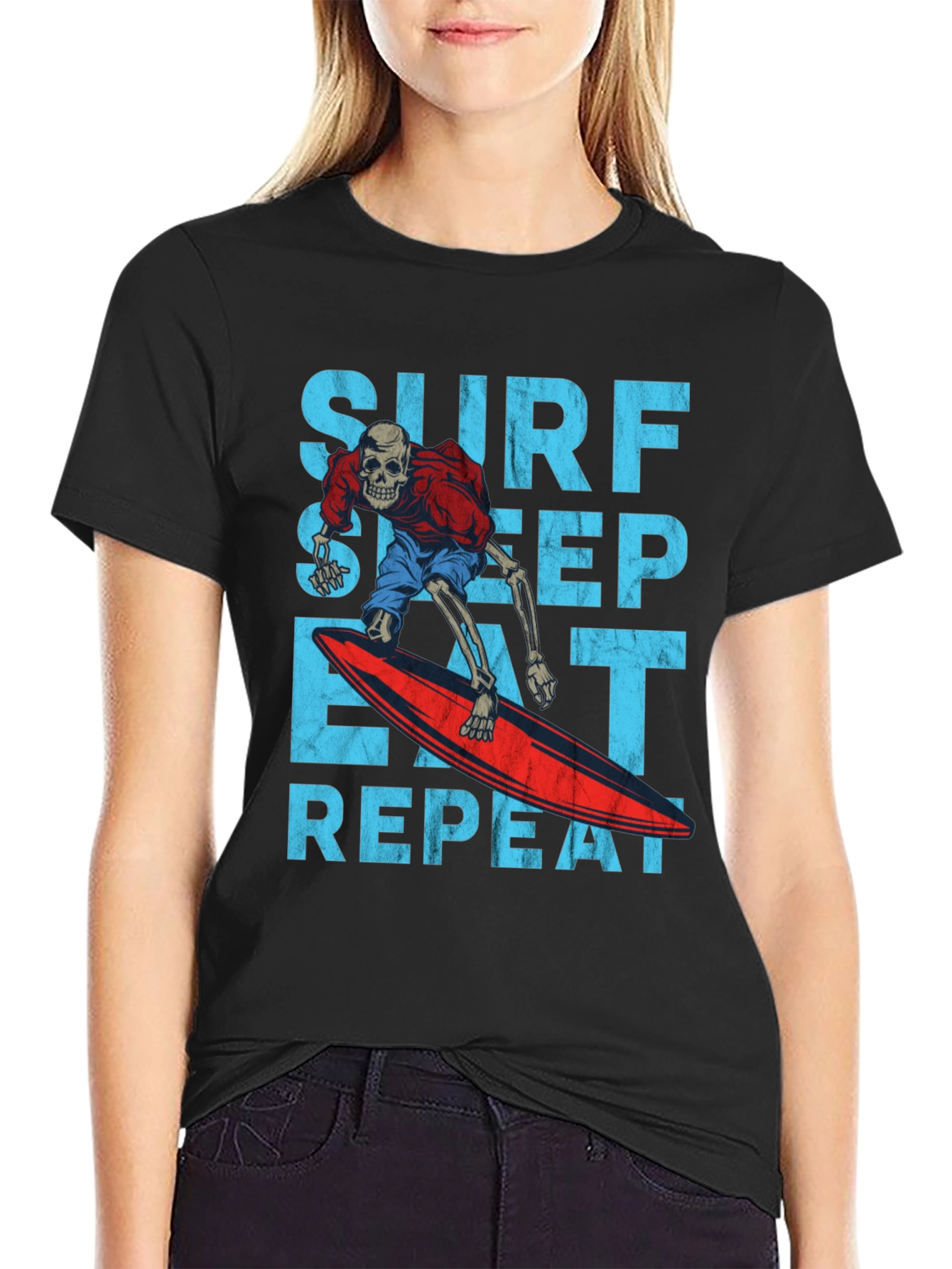 Surf Sleep Eat Repeat Skeleton Surfer Graphic Tee