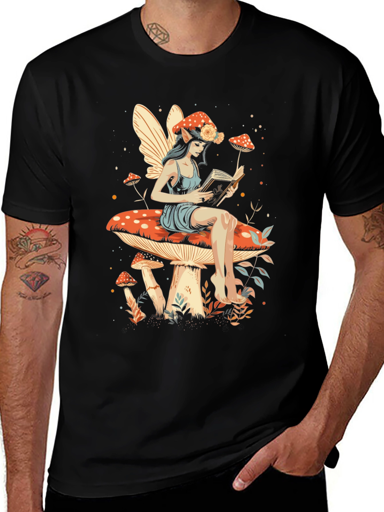 Fairy Reading on Mushroom T-Shirt - Whimsical Design