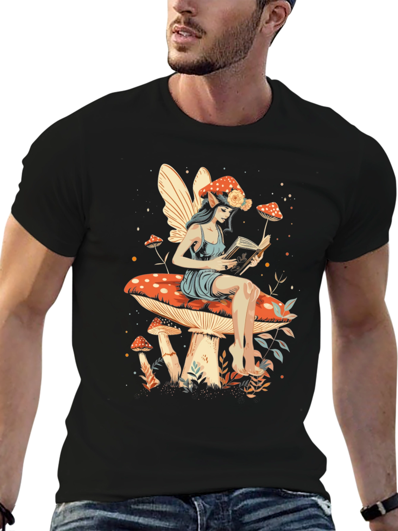 Fairy Reading on Mushroom T-Shirt - Whimsical Design