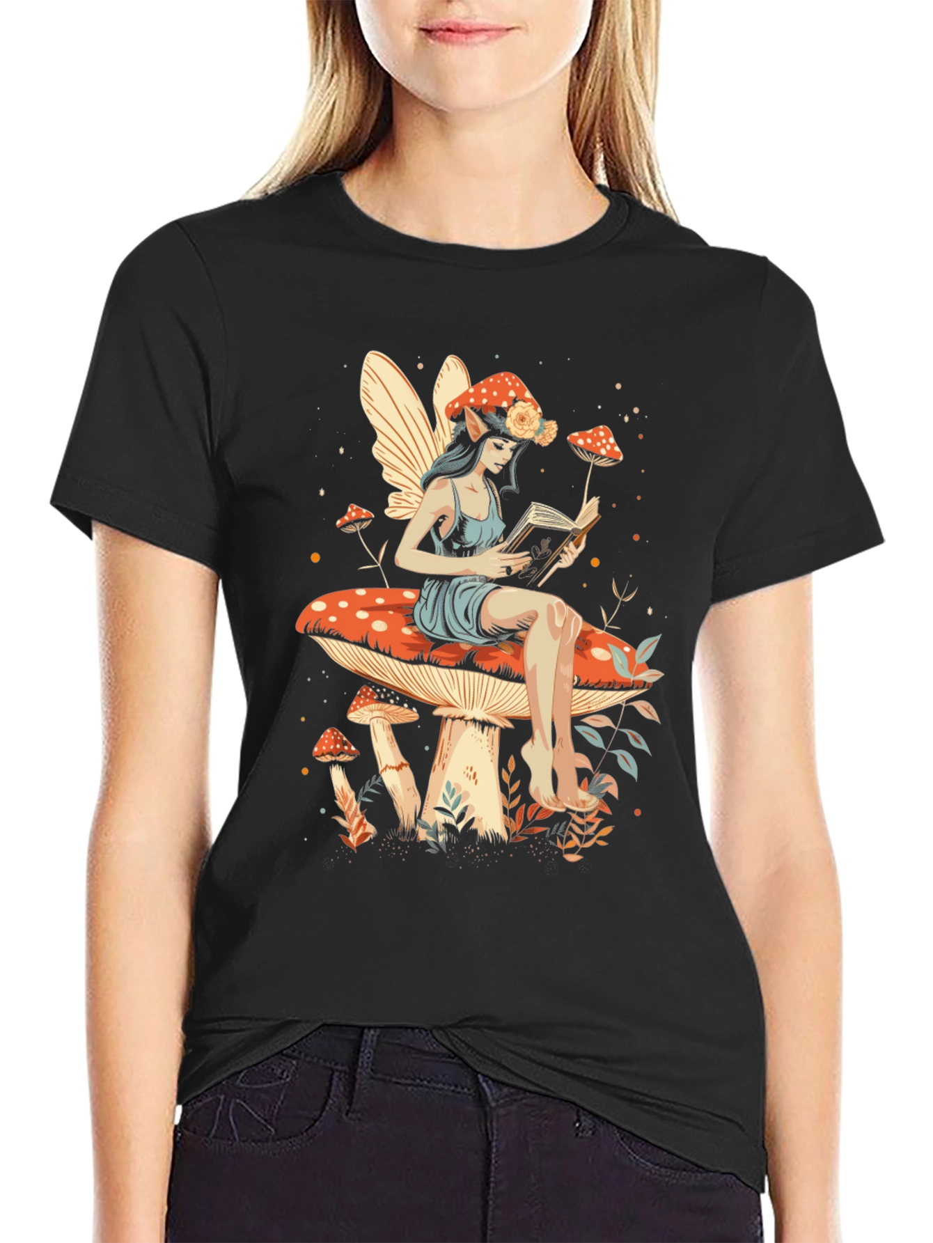 Fairy Reading on Mushroom T-Shirt - Whimsical Design