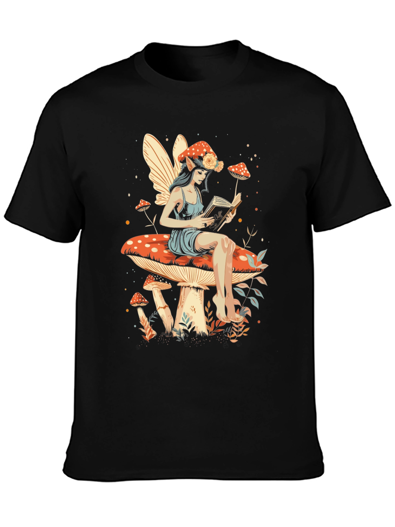 Fairy Reading on Mushroom T-Shirt - Whimsical Design