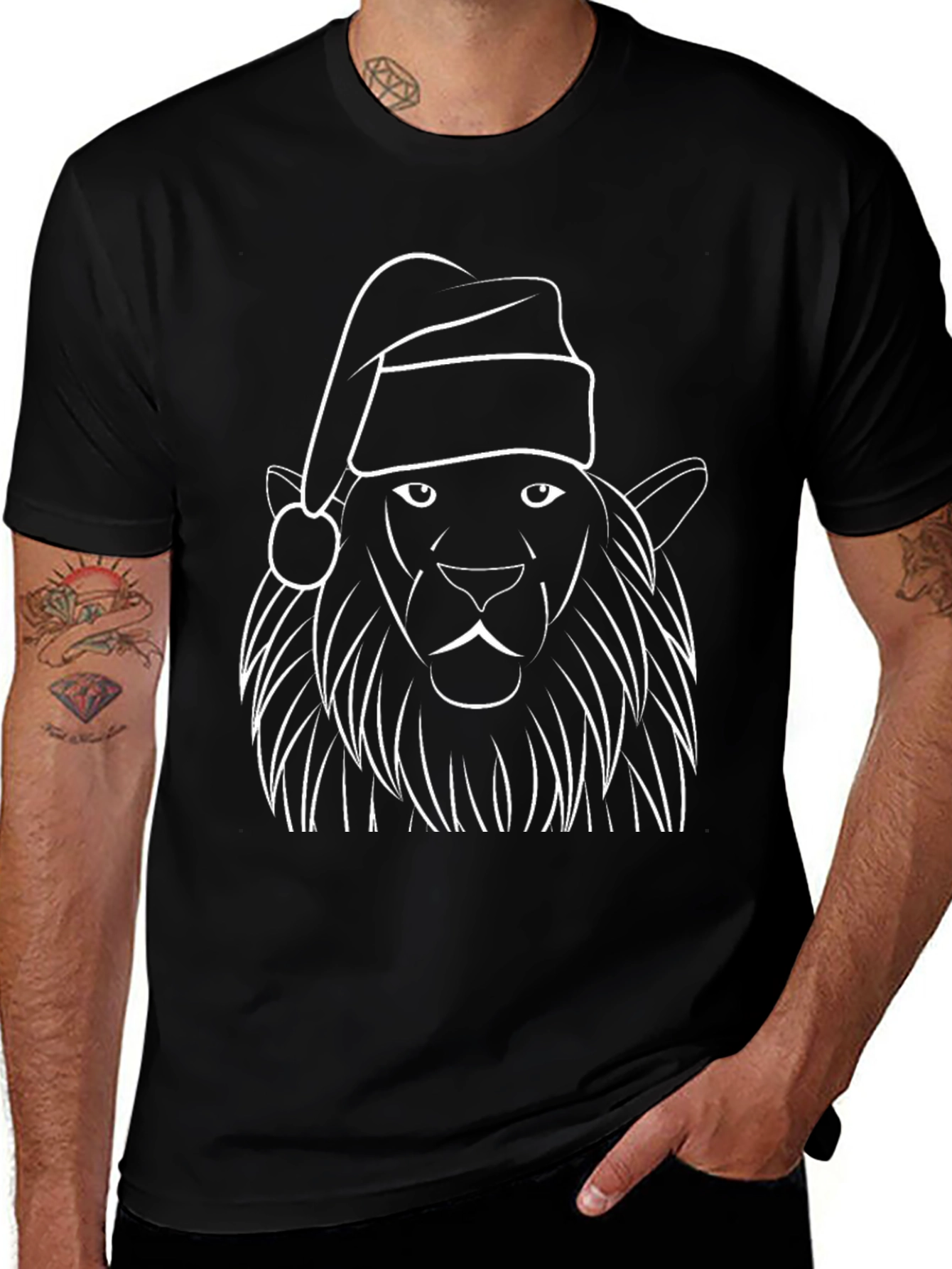 Festive Lion Graphic Tee - Black Christmas Shirt