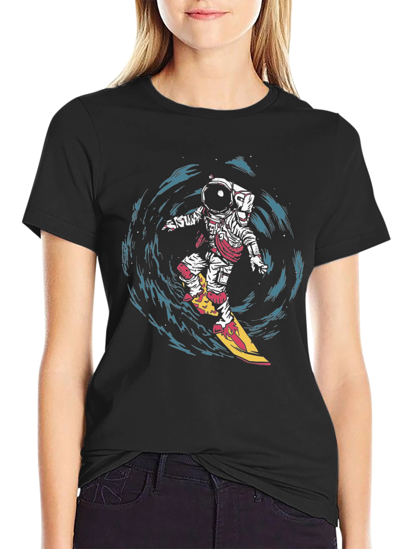 Astronaut Surfing Graphic T-Shirt - Space Adventure Tee