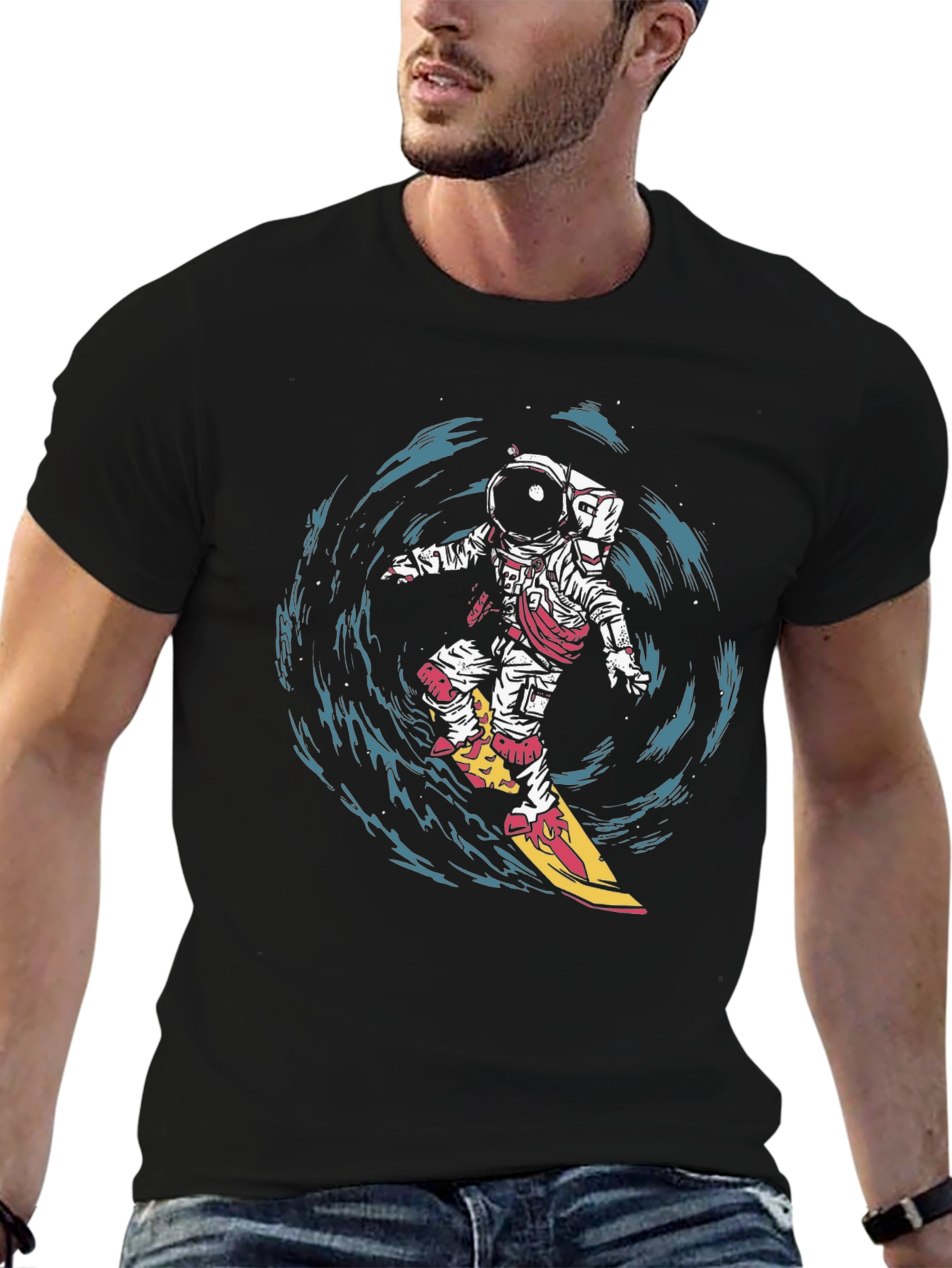 Astronaut Surfing Graphic T-Shirt - Space Adventure Tee
