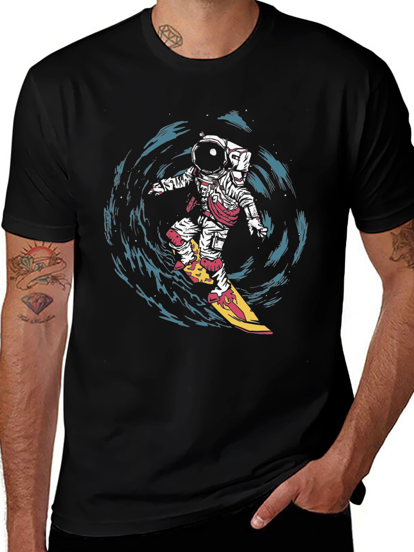 Astronaut Surfing Graphic T-Shirt - Space Adventure Tee